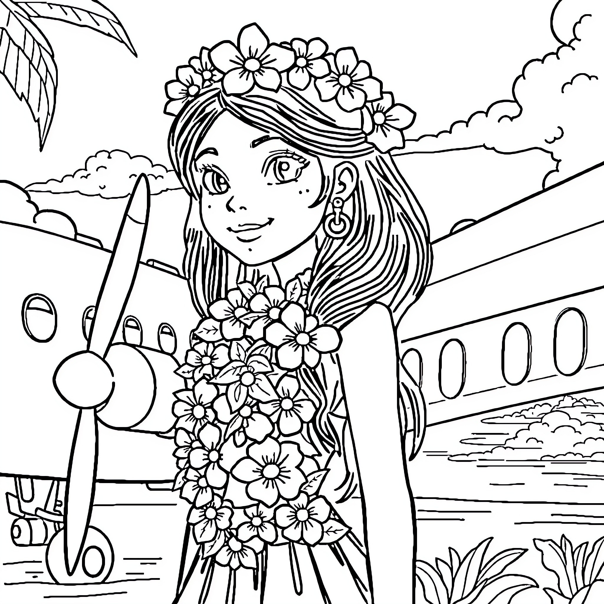 Hawaiian Girl in Floral Dress with Airplane Coloring Page (free black-and-white line drawing printable PDF for all, from beginners to advanced learners, including children, teens, adults, and seniors)