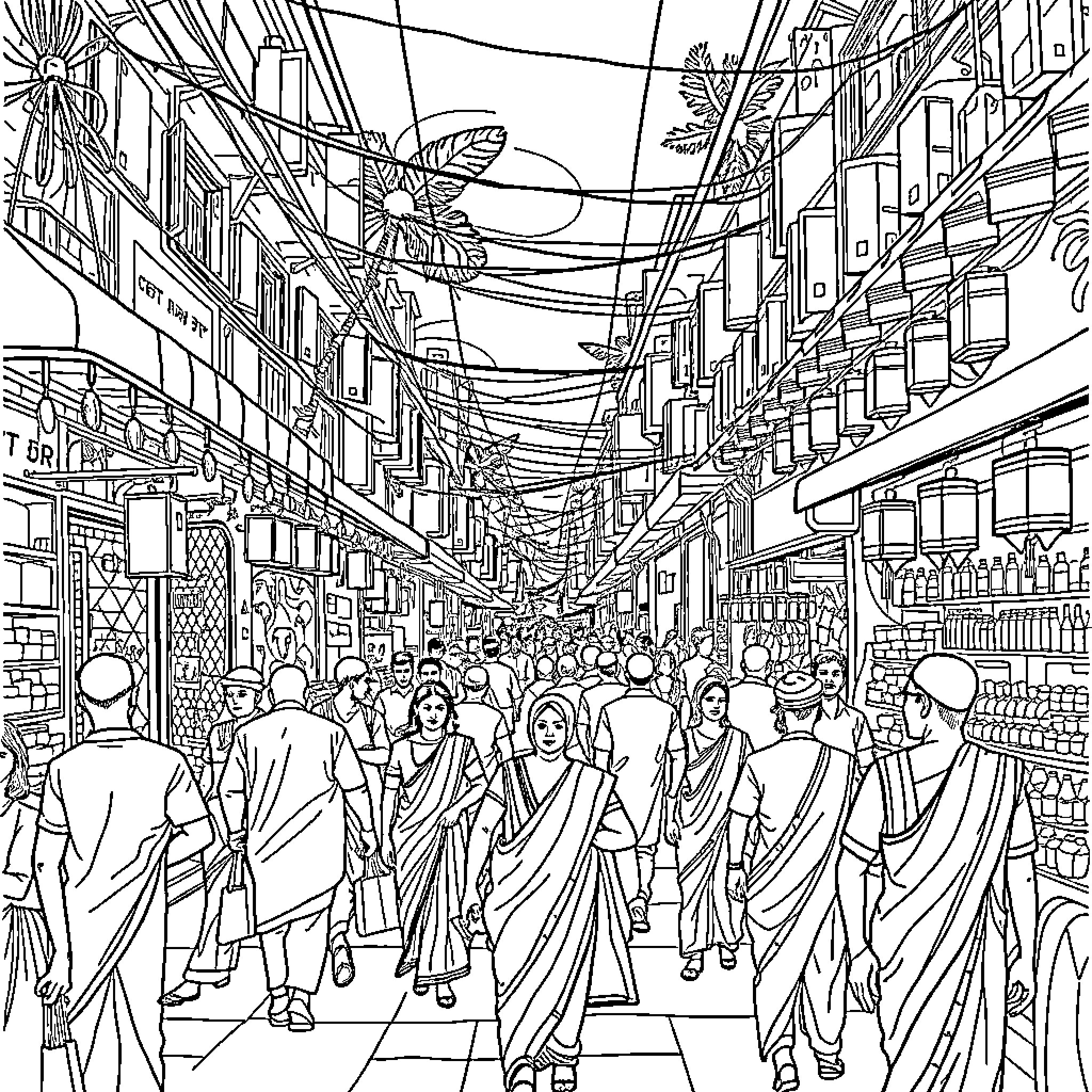 Street Scene with Bustling Crowd and Decorations Coloring Page (free black-and-white line drawing printable PDF for all, from beginners to advanced learners, including children, teens, adults, and seniors)