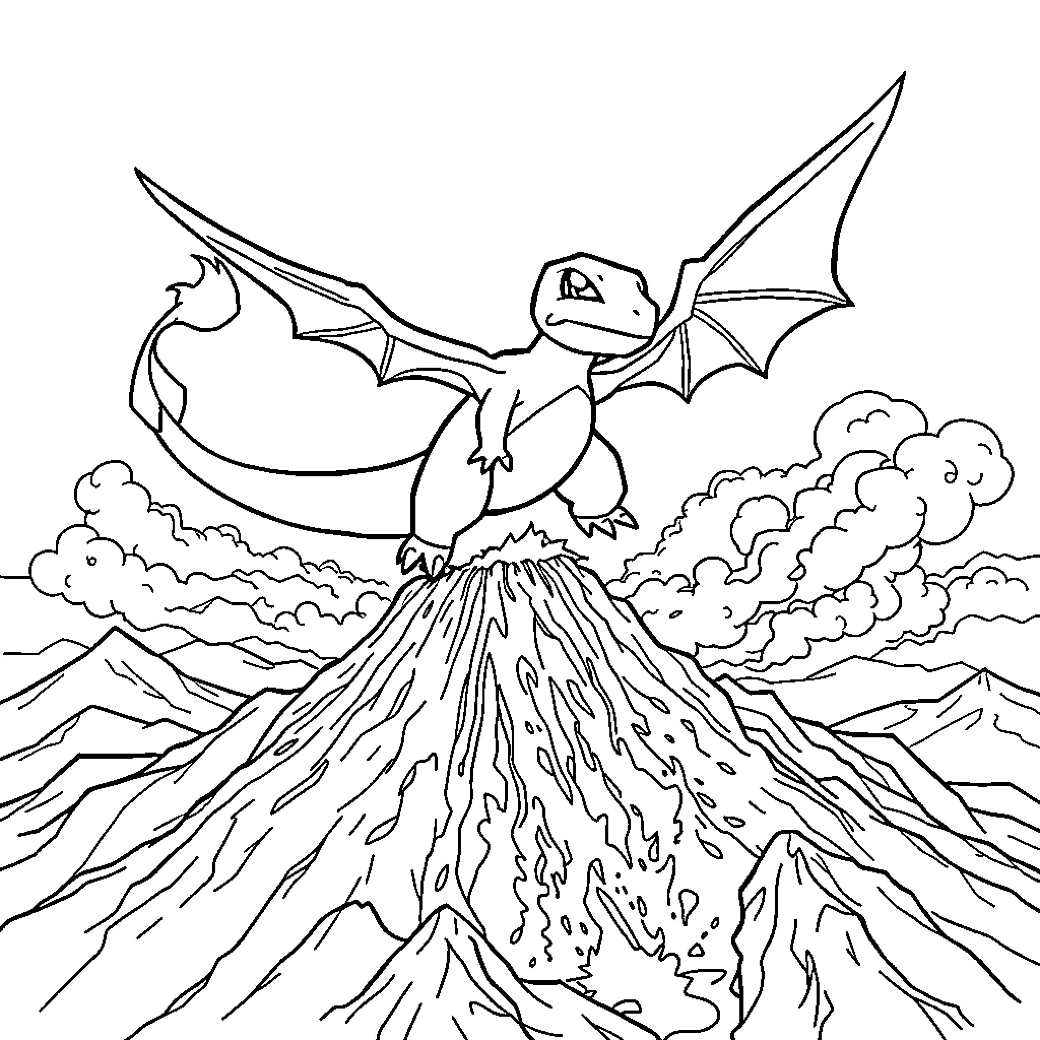 Charmander soaring over fiery volcanoes Coloring Page (free black-and-white line drawing printable PDF for all, from beginners to advanced learners, including children, teens, adults, and seniors)