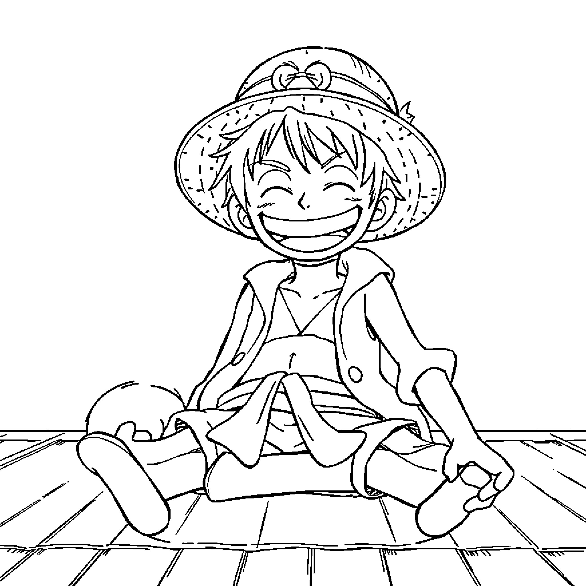 Luffy's Cheerful Adventure Coloring Page (free black-and-white line drawing printable PDF for all, from beginners to advanced learners, including children, teens, adults, and seniors)