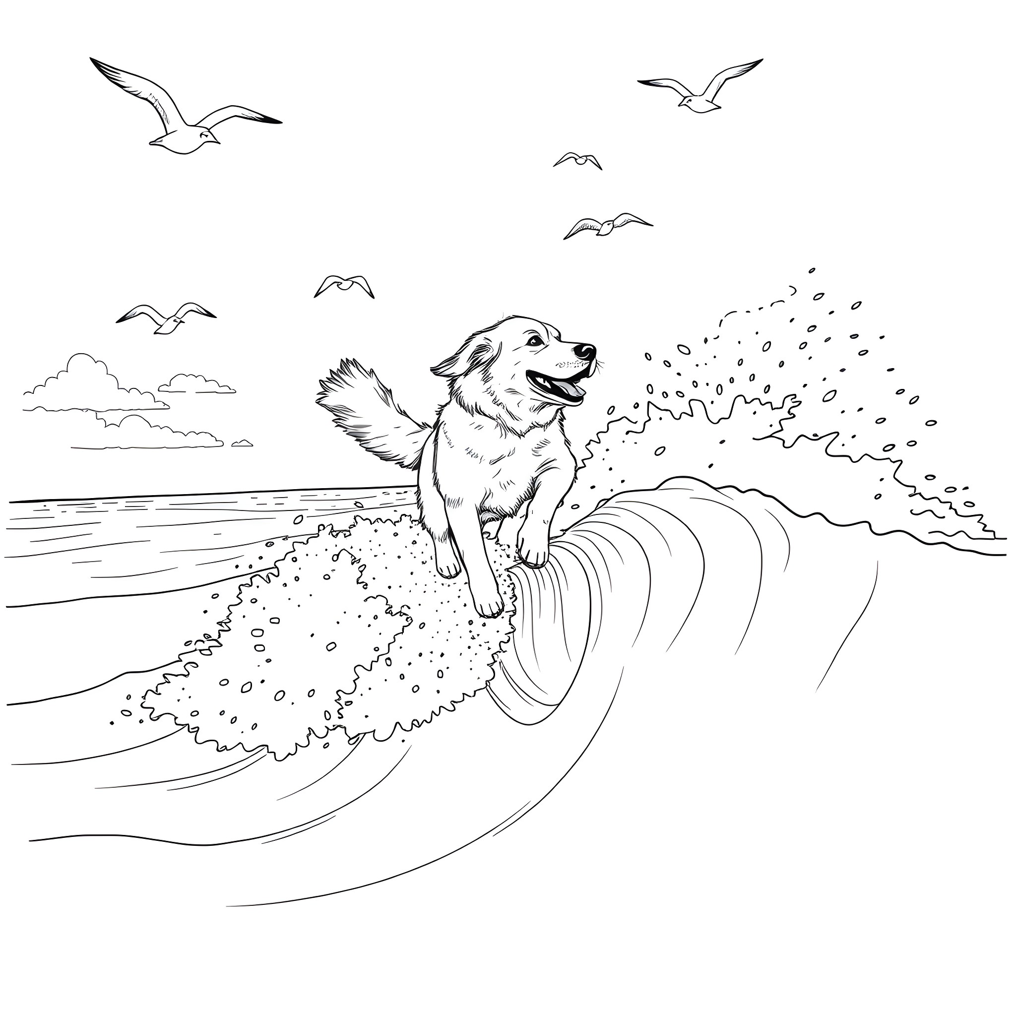 Golden Retriever surfing the waves with seagulls Coloring Page (free black-and-white line drawing printable PDF for all, from beginners to advanced learners, including children, teens, adults, and seniors)