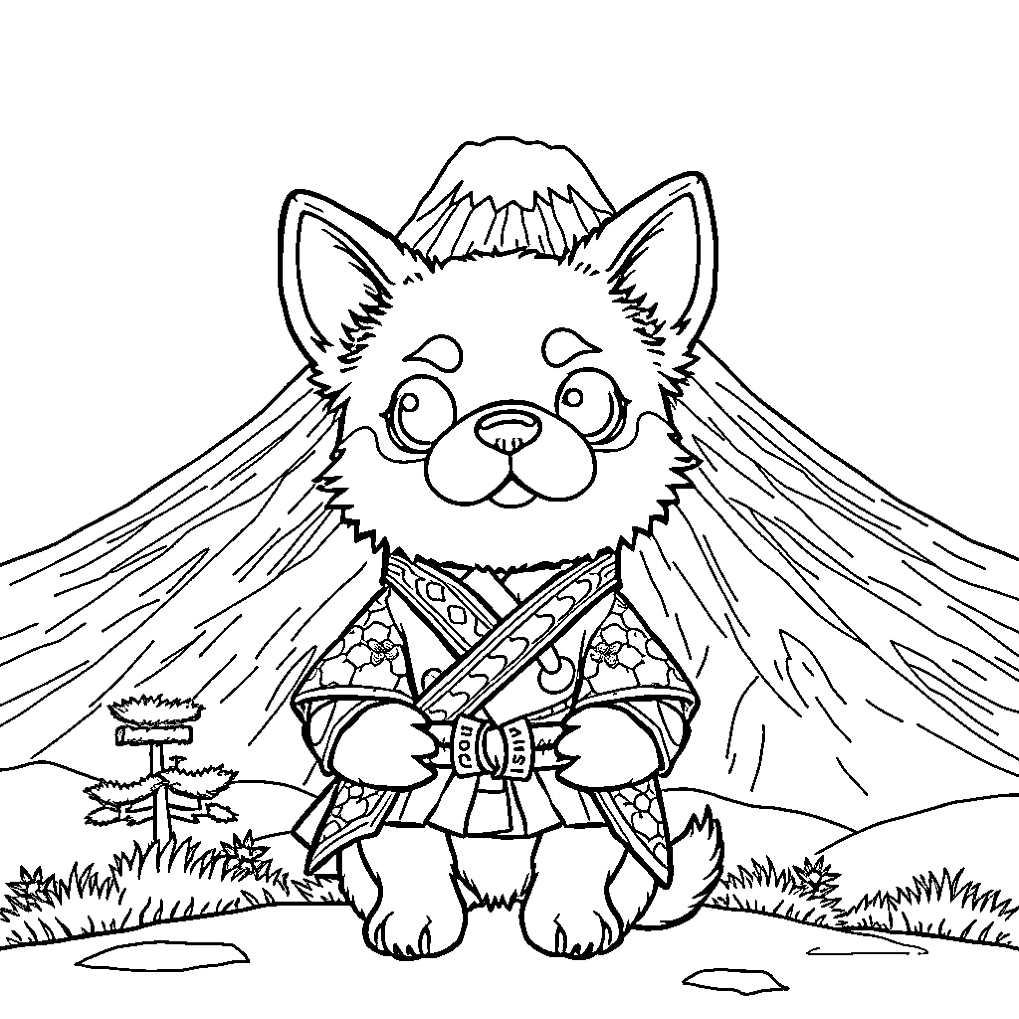Dog dressed in traditional costume near mountains Coloring Page (free black-and-white line drawing printable PDF for all, from beginners to advanced learners, including children, teens, adults, and seniors)
