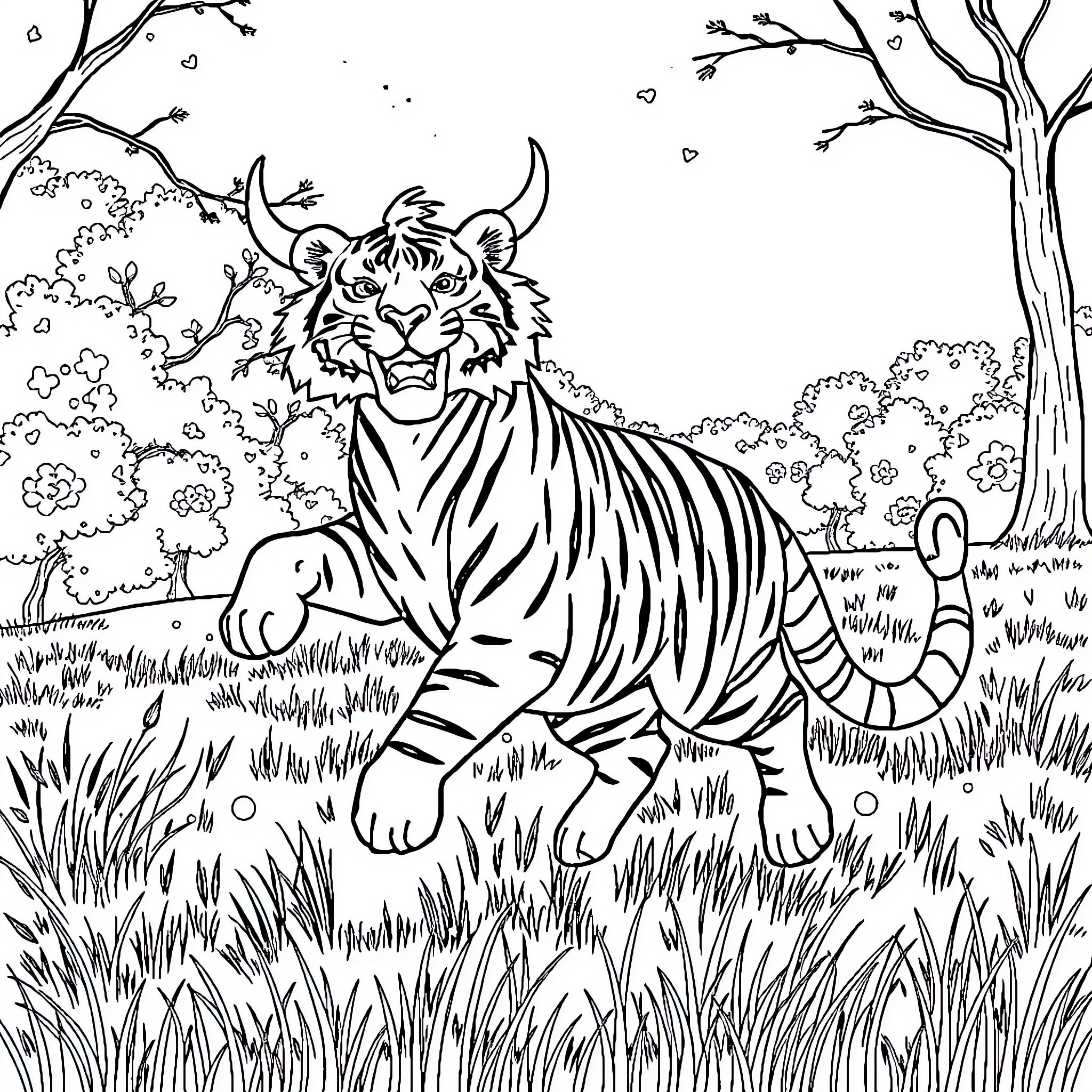 Tiger in a Lush Forest Landscape Coloring Page (free black-and-white line drawing printable PDF for all, from beginners to advanced learners, including children, teens, adults, and seniors)