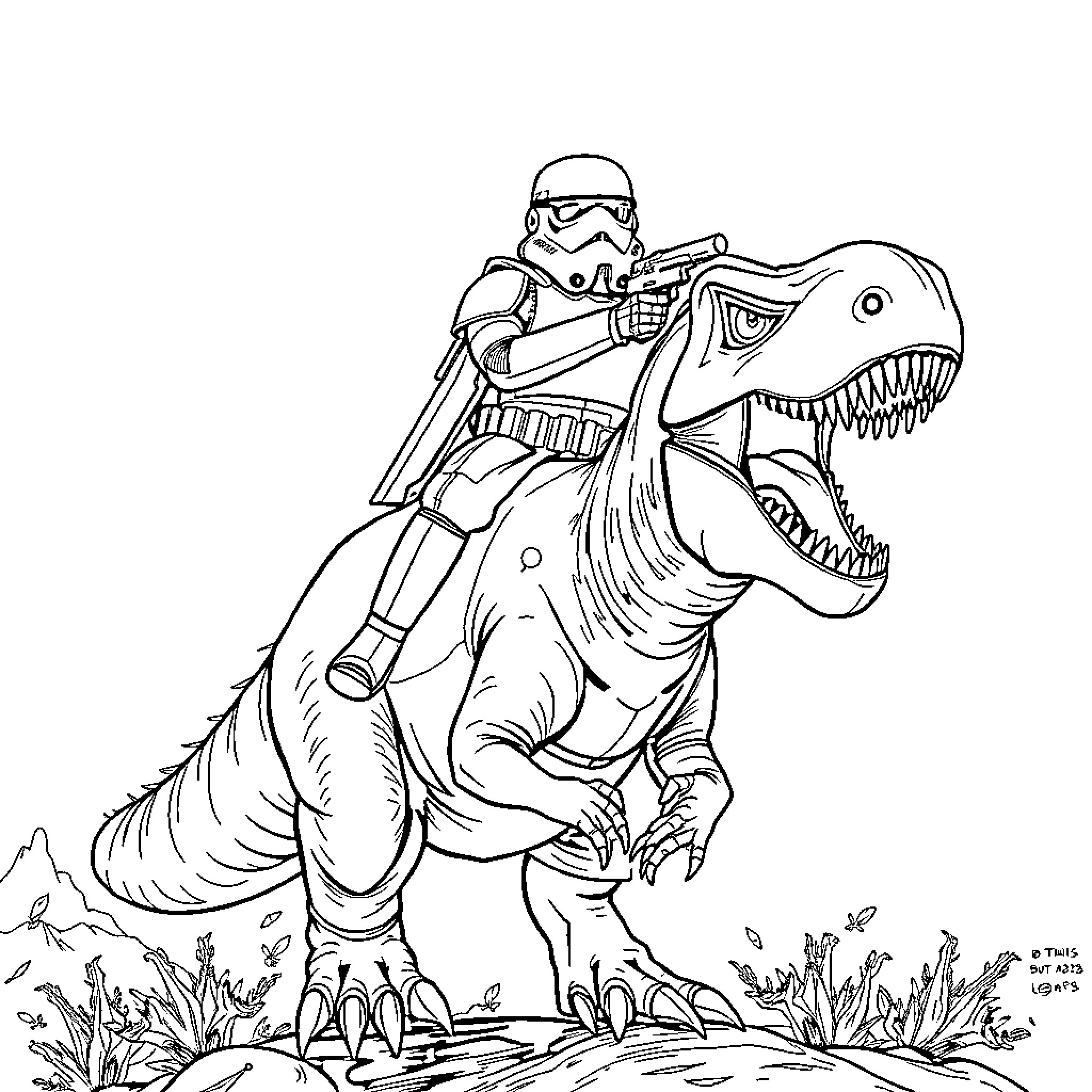 Storm Trooper Riding Fierce Dinosaur in Wilderness Coloring Page (free black-and-white line drawing printable PDF for all, from beginners to advanced learners, including children, teens, adults, and seniors)