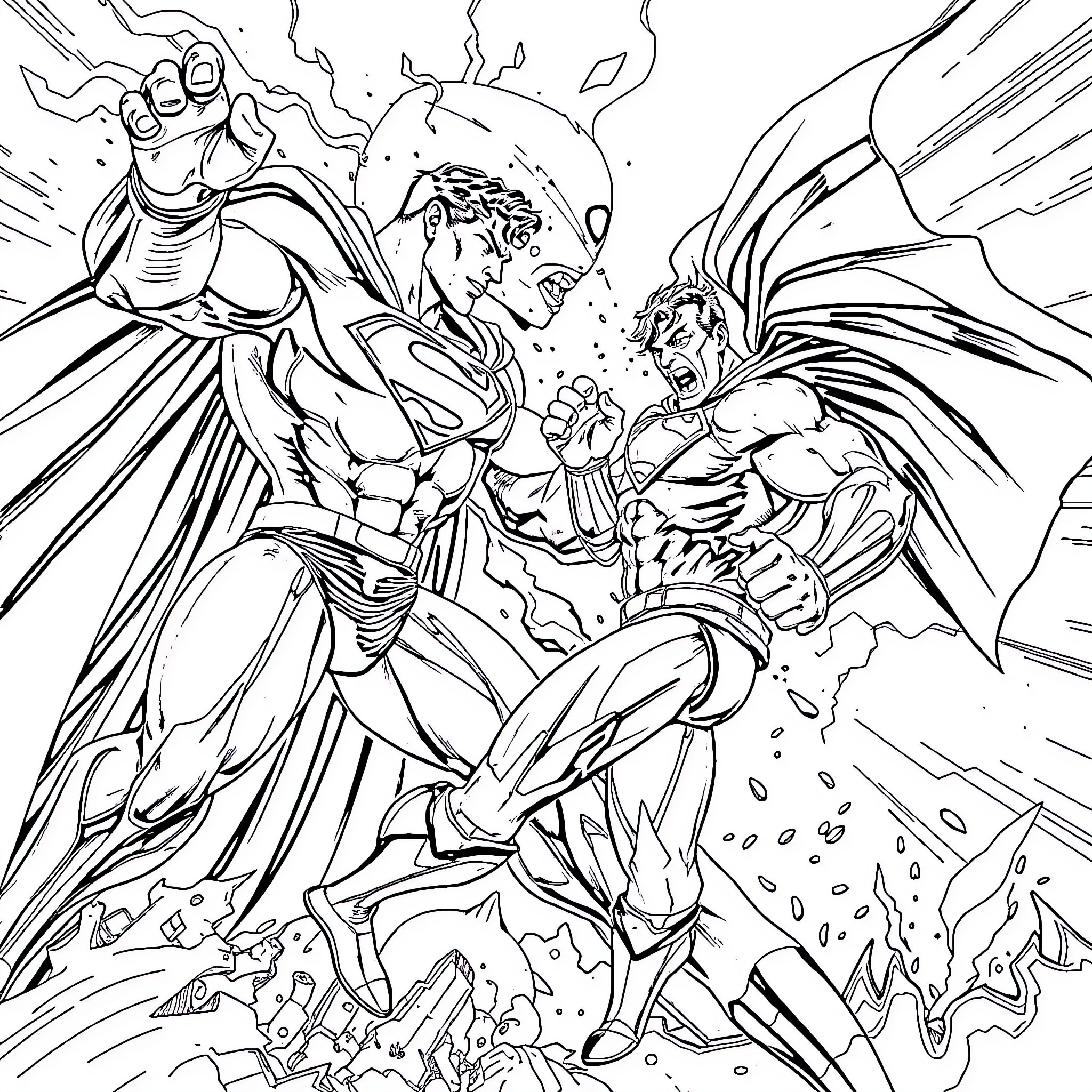 Superman heroically battling a powerful foe Coloring Page (free black-and-white line drawing printable PDF for all, from beginners to advanced learners, including children, teens, adults, and seniors)