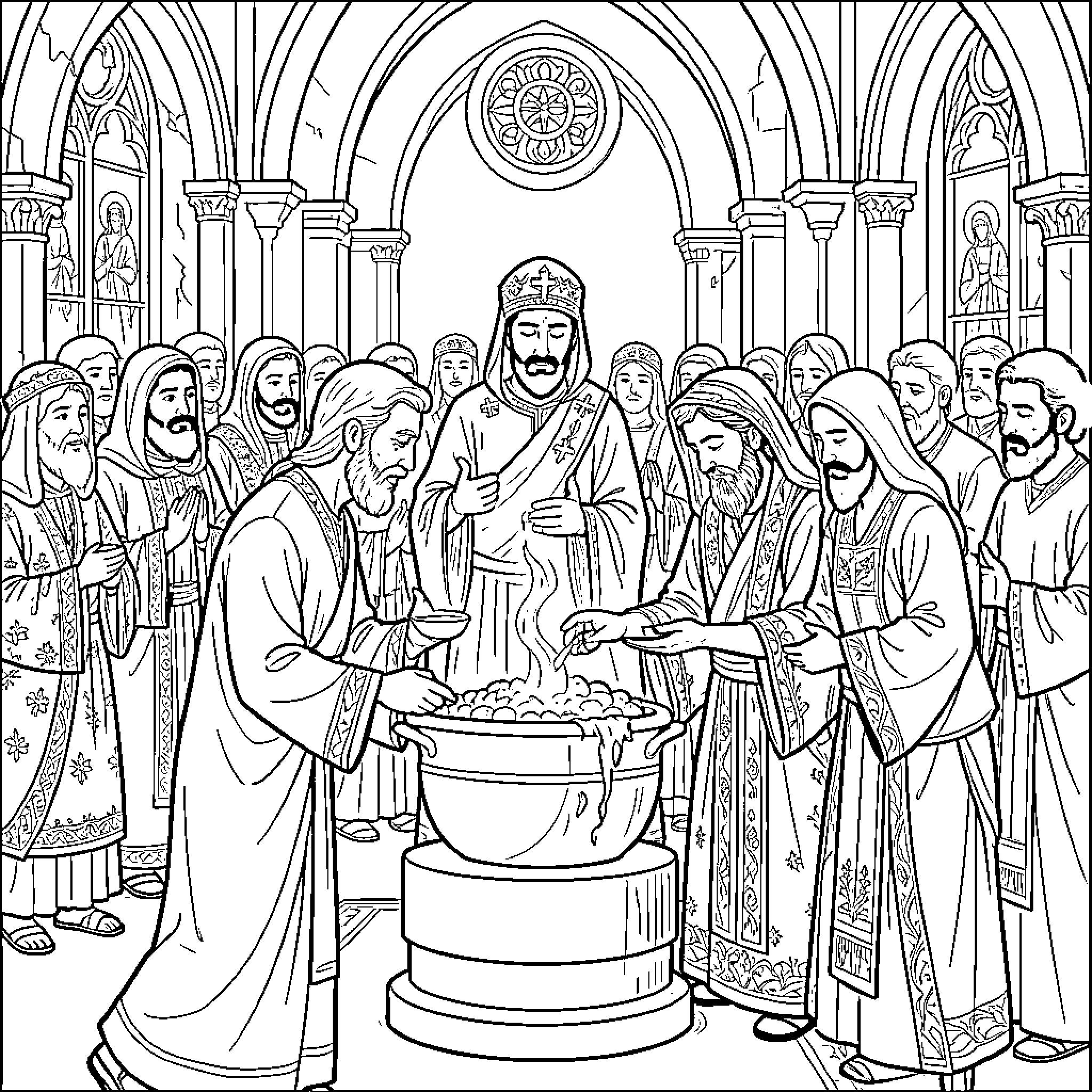 Sacrament performed by priests during a religious ceremony Coloring Page (free black-and-white line drawing printable PDF for all, from beginners to advanced learners, including children, teens, adults, and seniors)