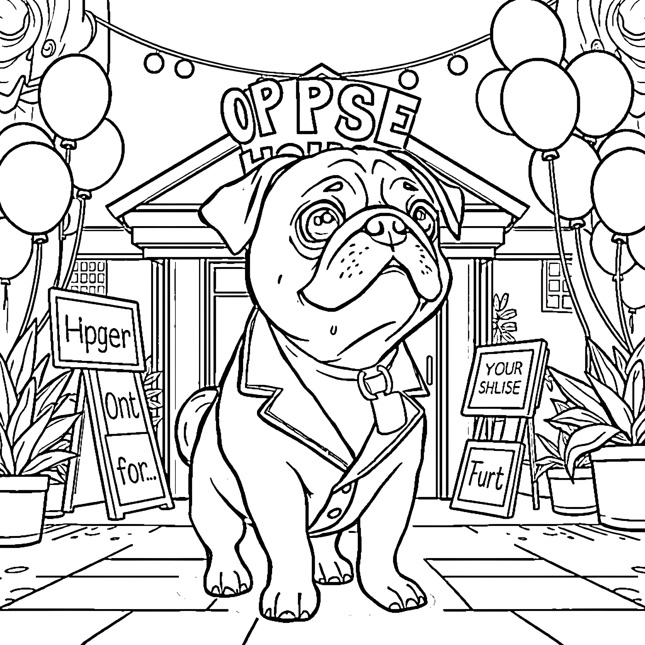 Pug attending a festive event with balloons Coloring Page (free black-and-white line drawing printable PDF for all, from beginners to advanced learners, including children, teens, adults, and seniors)