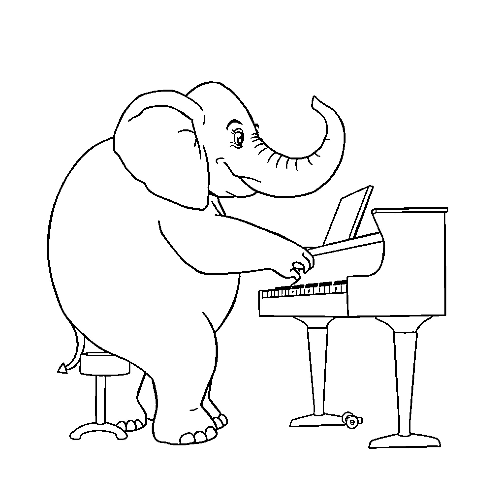 Elephant playing piano happily Coloring Page (free black-and-white line drawing printable PDF for all, from beginners to advanced learners, including children, teens, adults, and seniors)