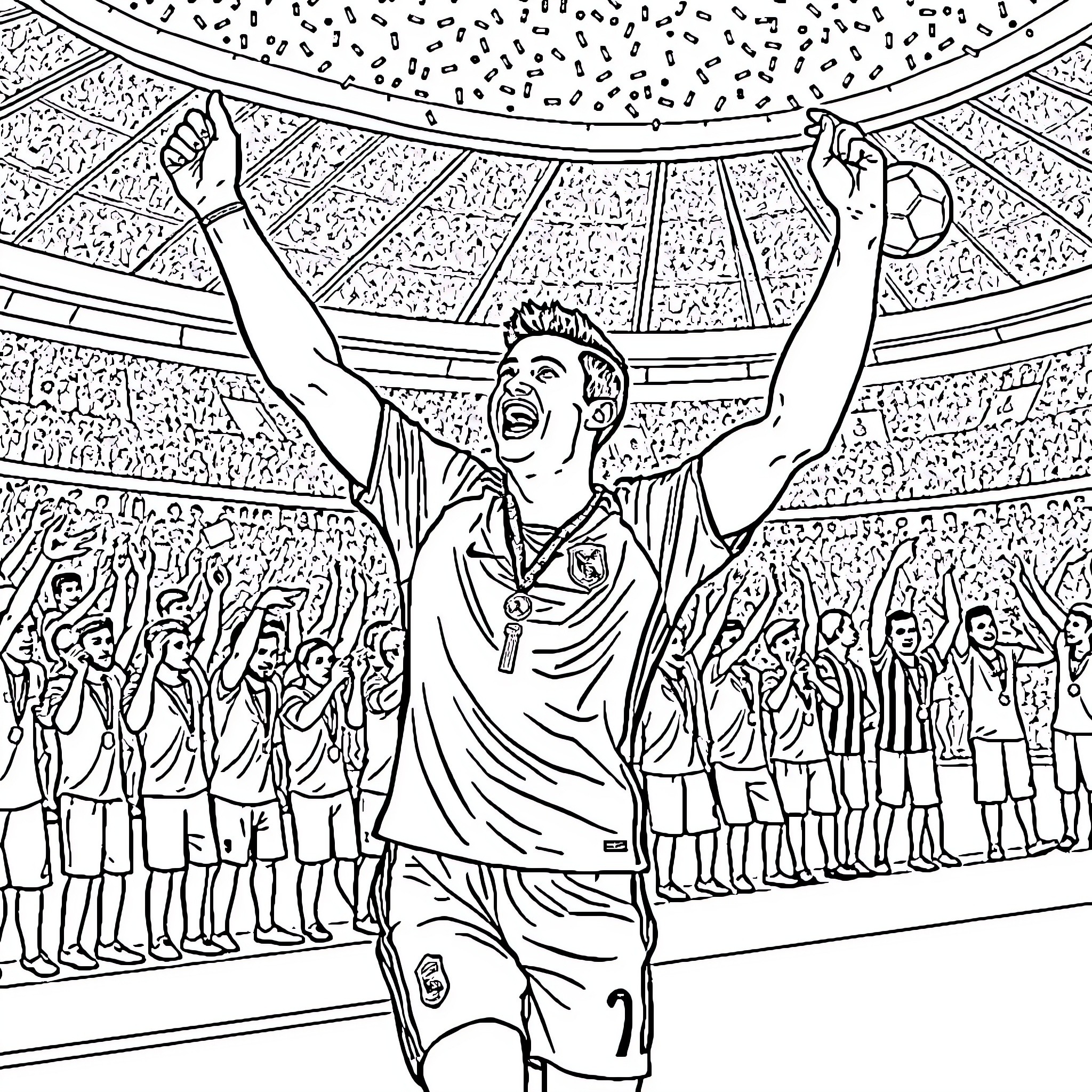 Cristiano Ronaldo's triumphant celebration in soccer stadium Coloring Page (free black-and-white line drawing printable PDF for all, from beginners to advanced learners, including children, teens, adults, and seniors)