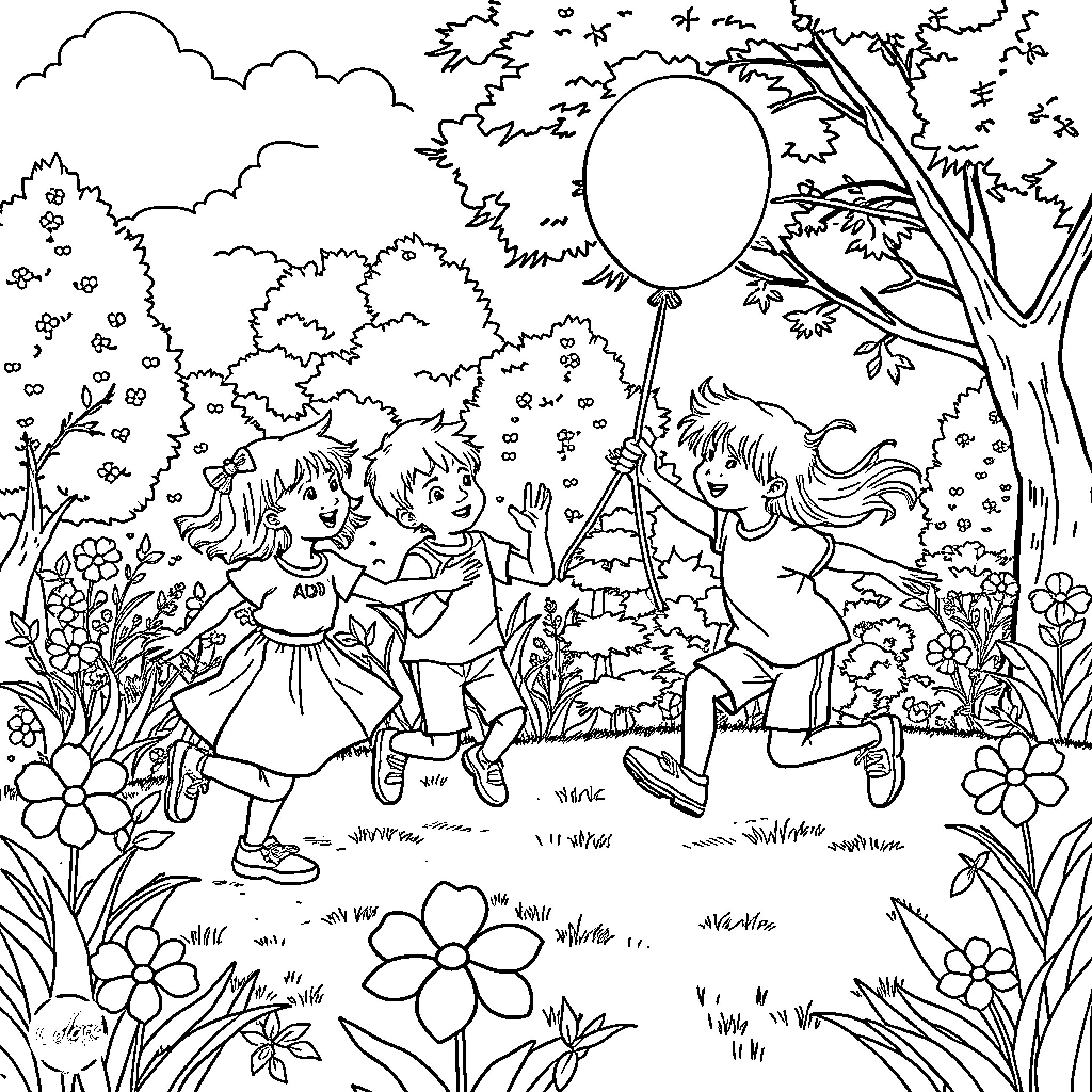Child playing with friends in nature Coloring Page (free black-and-white line drawing printable PDF for all, from beginners to advanced learners, including children, teens, adults, and seniors)