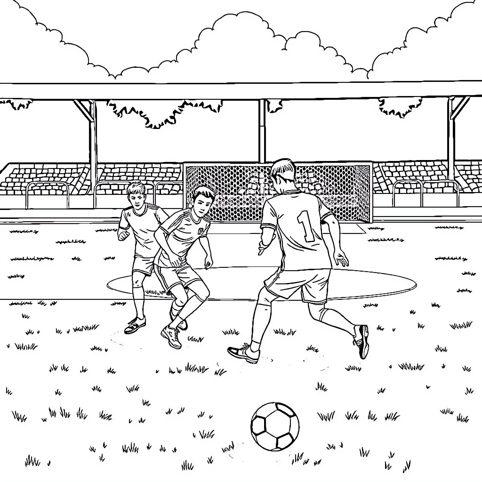 Football Club Players in Intense Match on Field Coloring Page (free black-and-white line drawing printable PDF for all, from beginners to advanced learners, including children, teens, adults, and seniors)