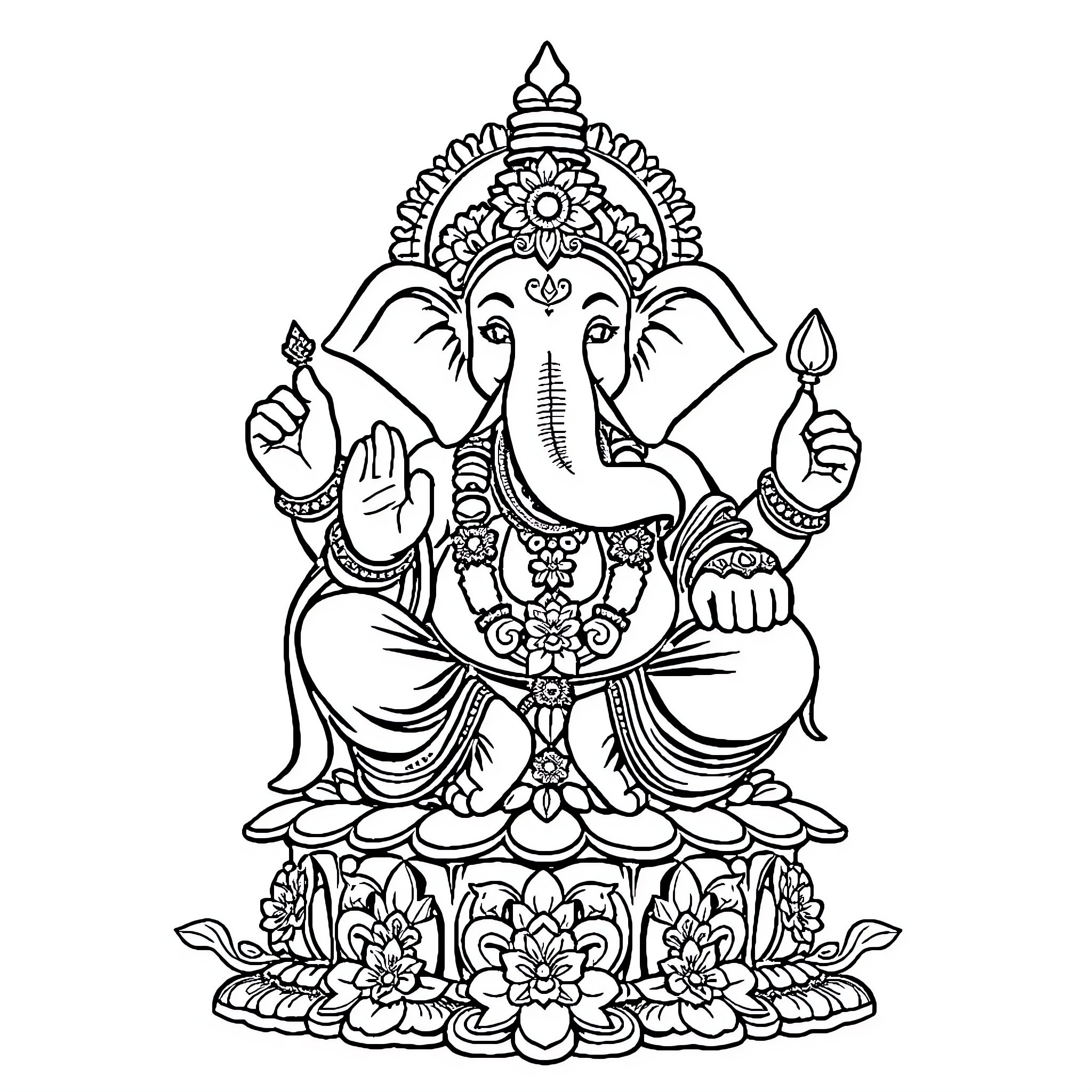 Ganpati in meditation with ornate floral design Coloring Page (free black-and-white line drawing printable PDF for all, from beginners to advanced learners, including children, teens, adults, and seniors)