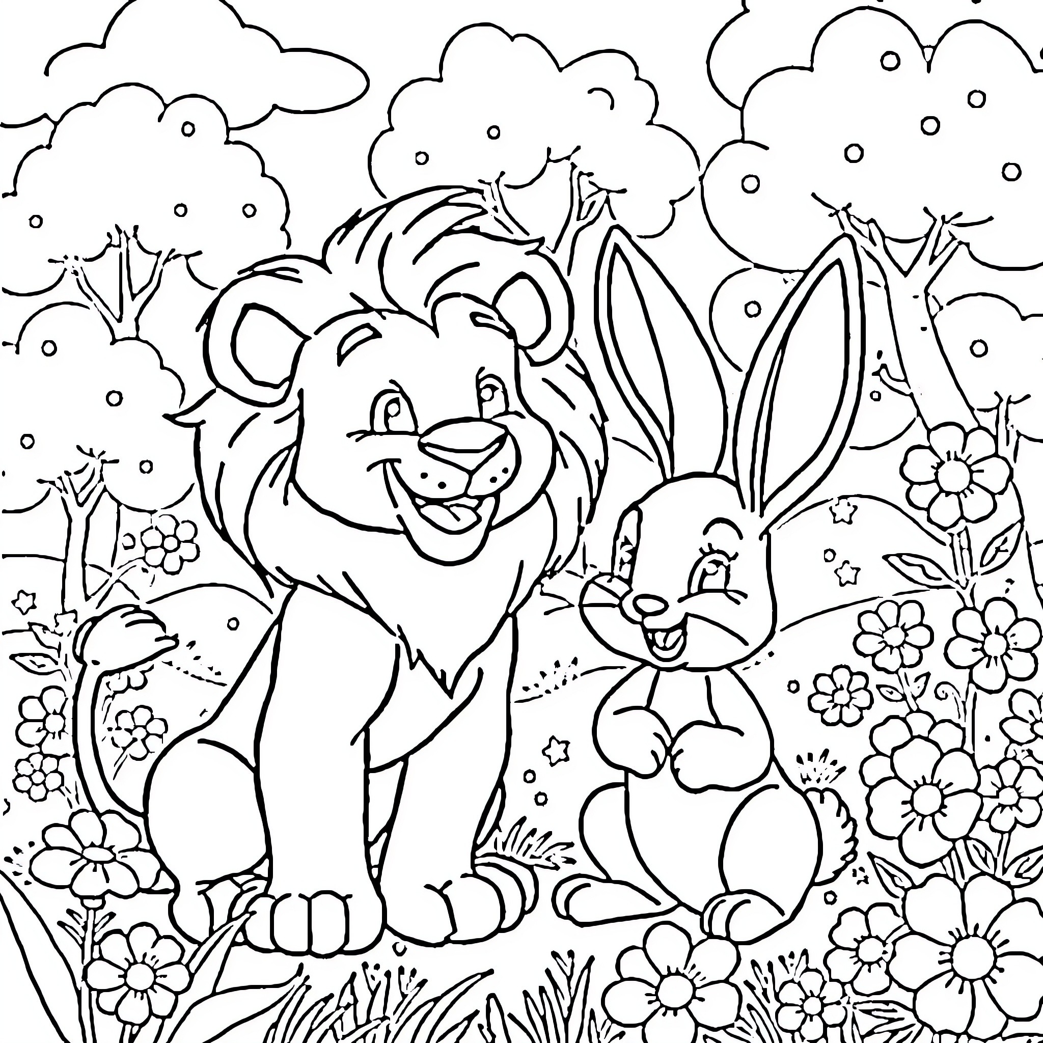 Lion and Rabbit playing in the Floral Garden Coloring Page (free black-and-white line drawing printable PDF for all, from beginners to advanced learners, including children, teens, adults, and seniors)