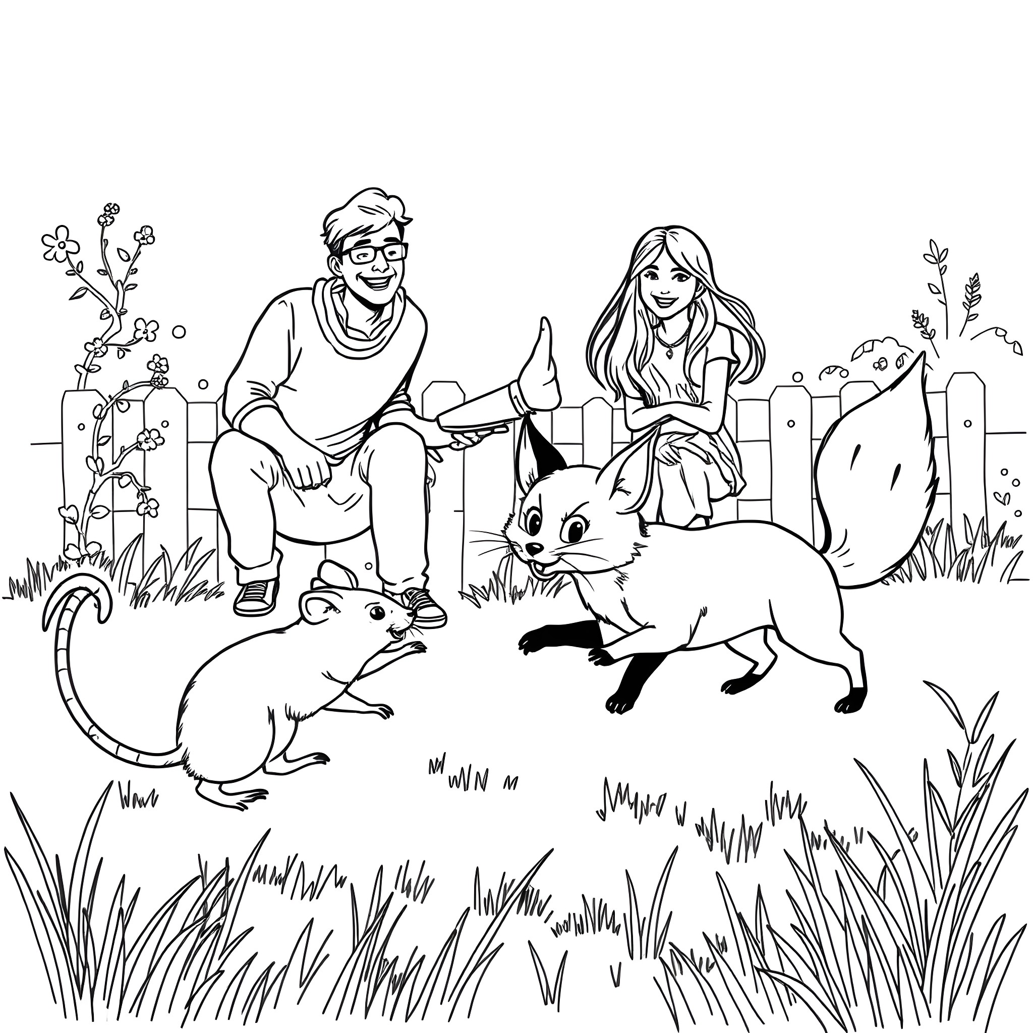 Rat friends playing in the yard with people Coloring Page (free black-and-white line drawing printable PDF for all, from beginners to advanced learners, including children, teens, adults, and seniors)