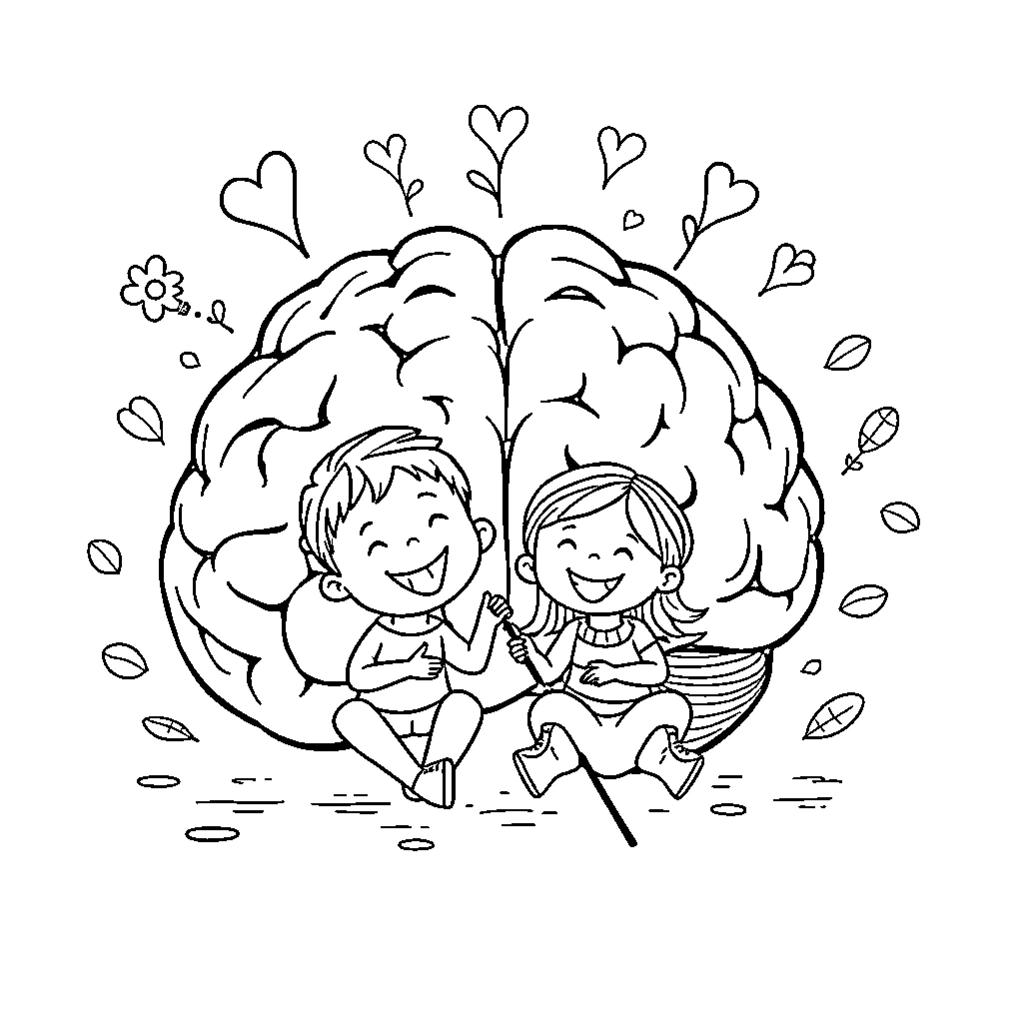 Brain Hearts Bring Joy to Children Coloring Page (free black-and-white line drawing printable PDF for all, from beginners to advanced learners, including children, teens, adults, and seniors)