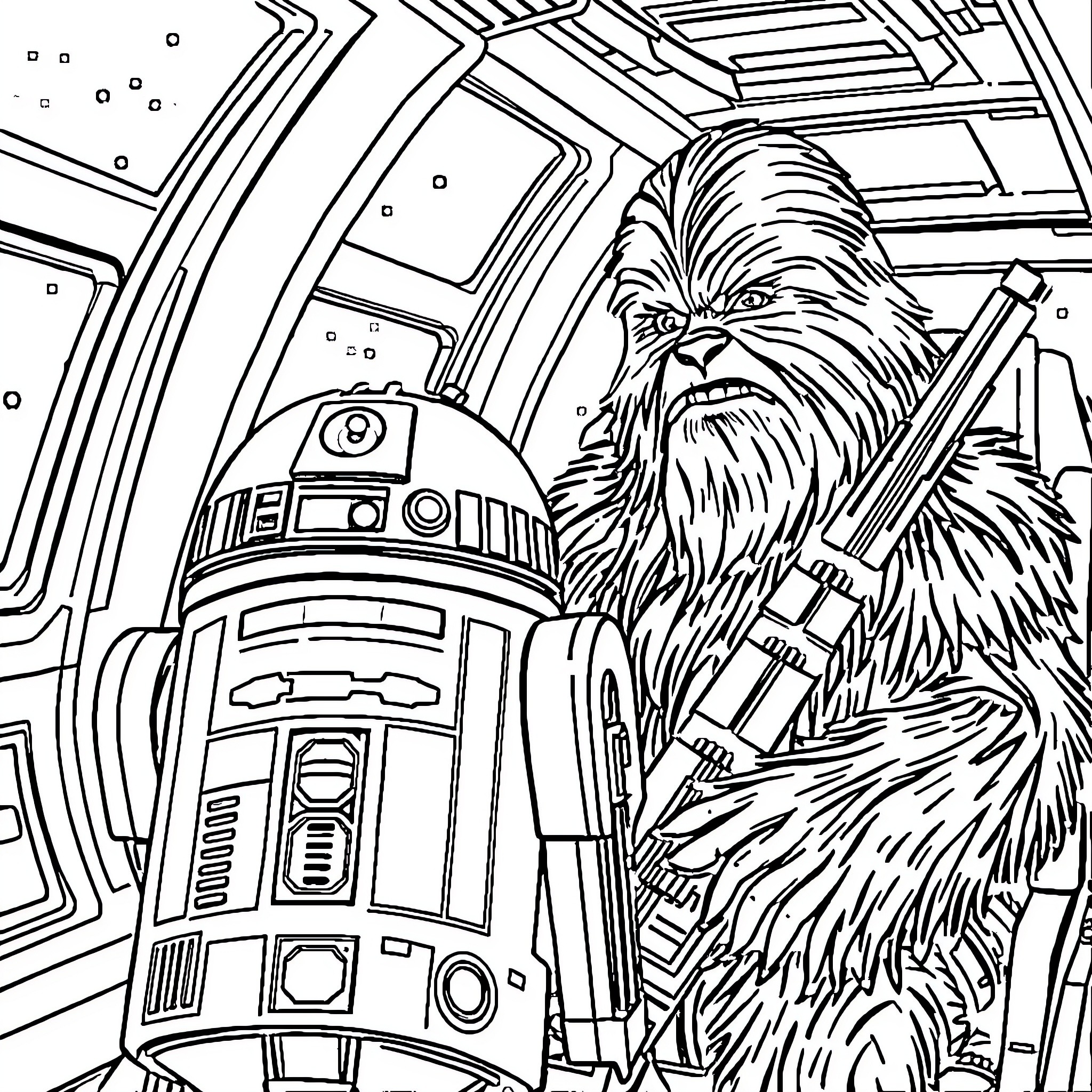 R2D2 and Chewbacca on the Millennium Falcon Coloring Page (free black-and-white line drawing printable PDF for all, from beginners to advanced learners, including children, teens, adults, and seniors)