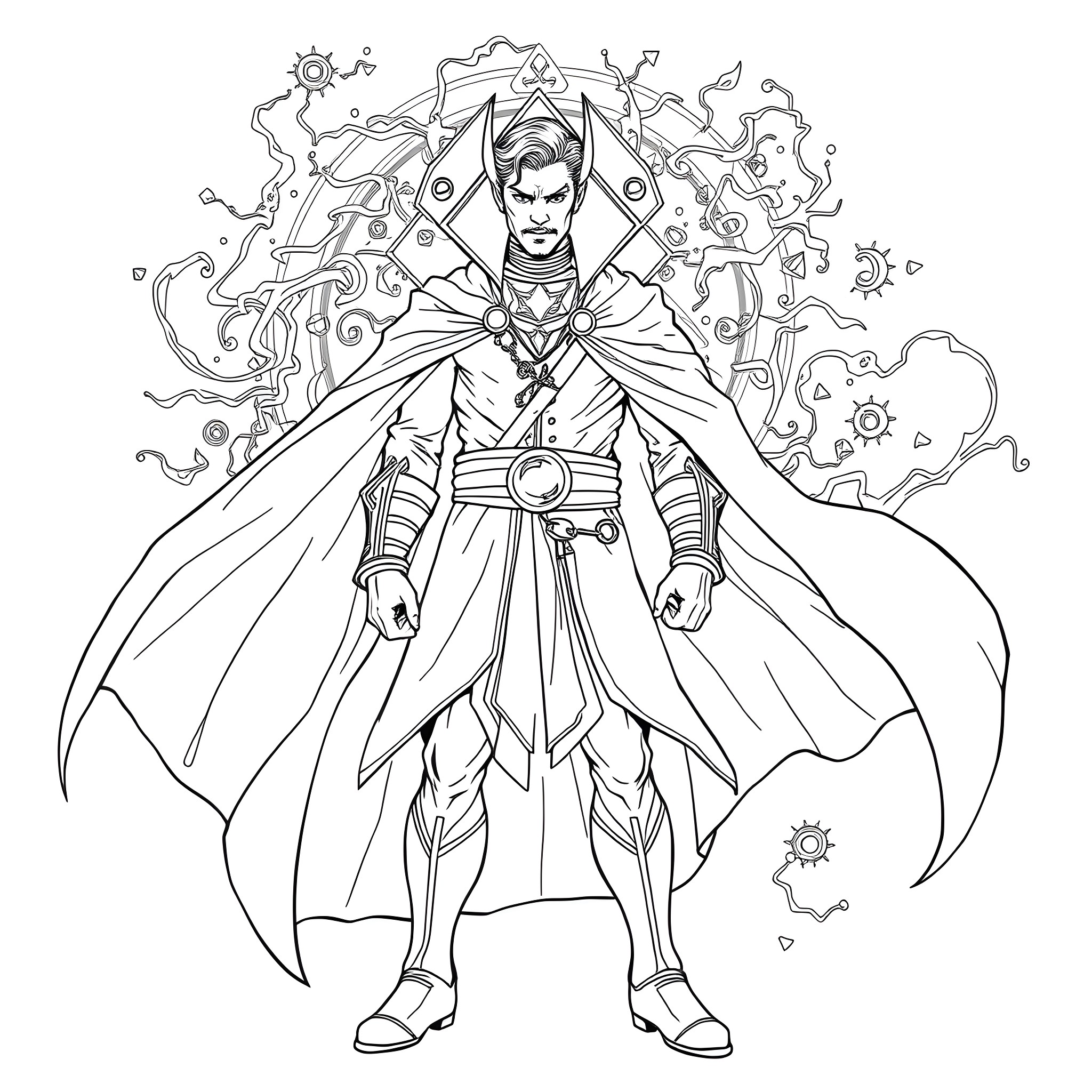 Doctor Strangefate's mystical powers Coloring Page (free black-and-white line drawing printable PDF for all, from beginners to advanced learners, including children, teens, adults, and seniors)