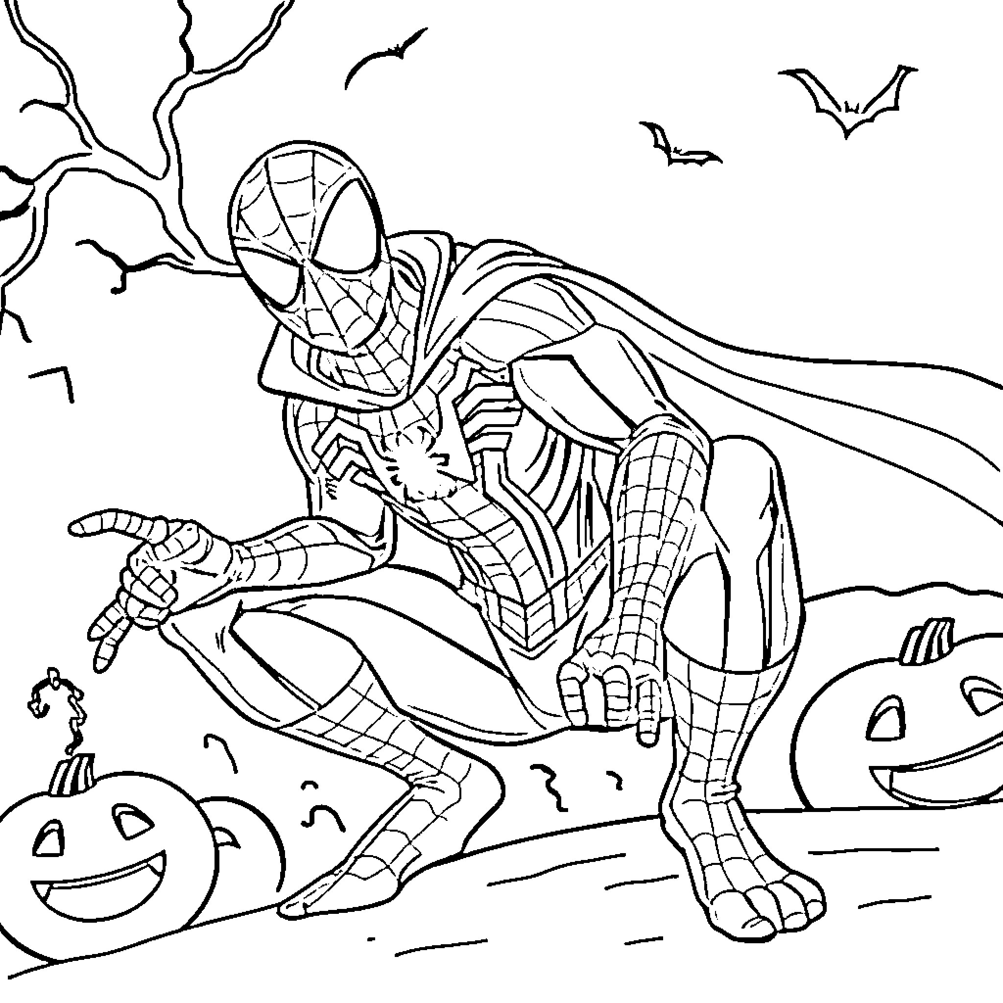 Spidey battles creepy Halloween creatures Coloring Page (free black-and-white line drawing printable PDF for all, from beginners to advanced learners, including children, teens, adults, and seniors)
