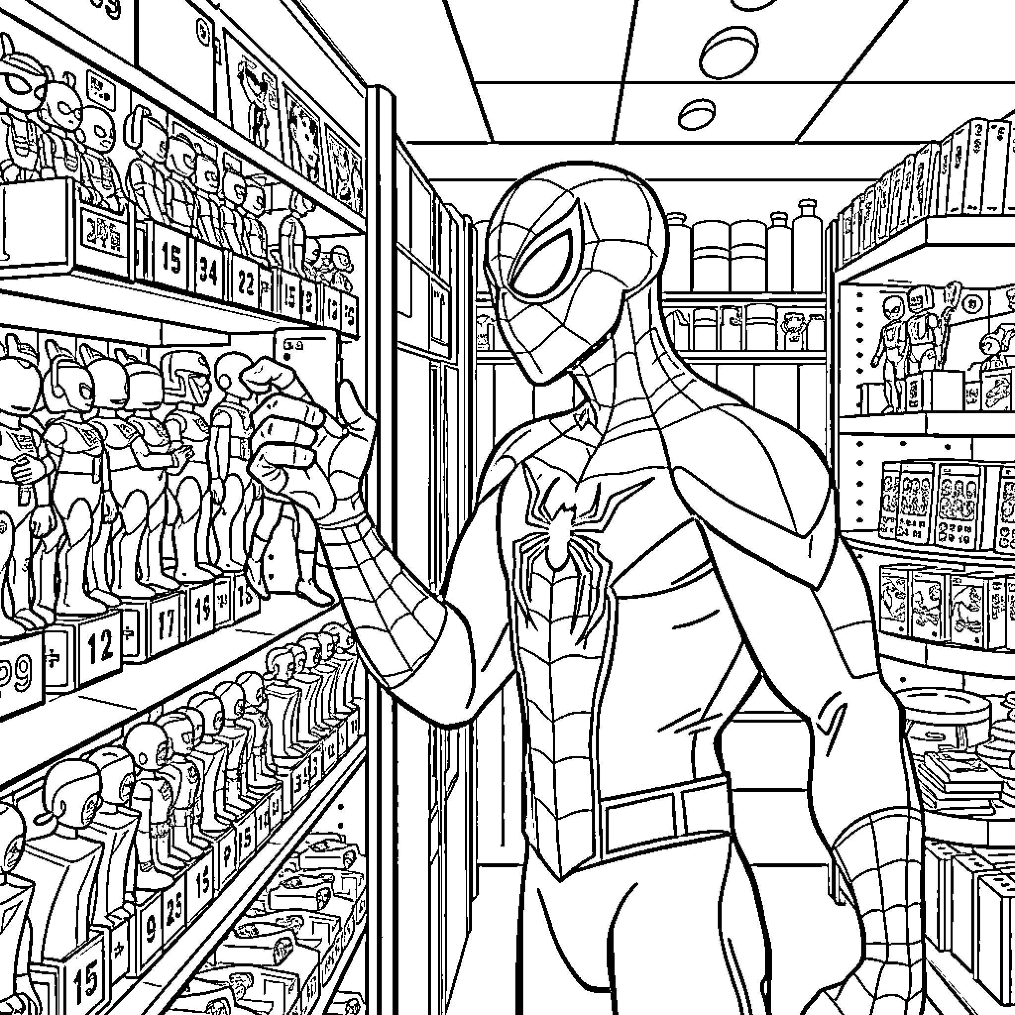 Spider-Man shopping for superhero supplies Coloring Page (free black-and-white line drawing printable PDF for all, from beginners to advanced learners, including children, teens, adults, and seniors)
