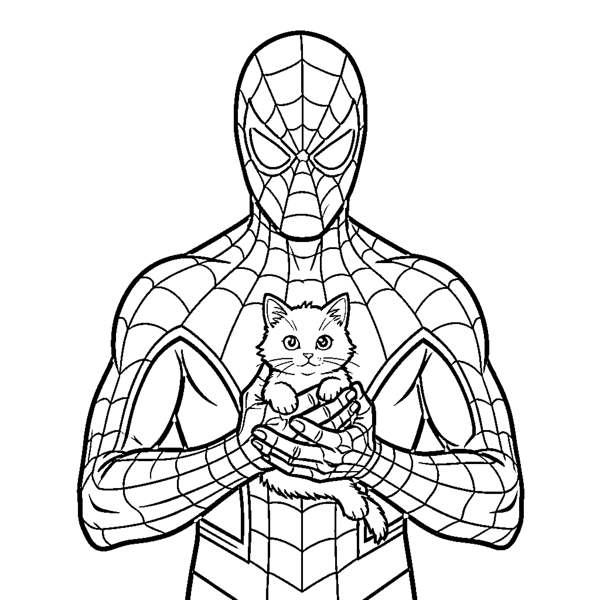 Spiderman holding a small kitten gently in his hands Coloring Page (free black-and-white line drawing printable PDF for all, from beginners to advanced learners, including children, teens, adults, and seniors)
