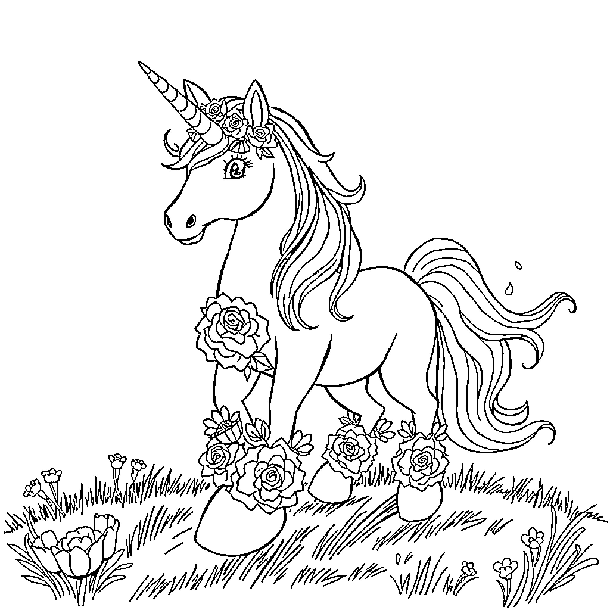 Licorne amidst floral meadow Coloring Page (free black-and-white line drawing printable PDF for all, from beginners to advanced learners, including children, teens, adults, and seniors)