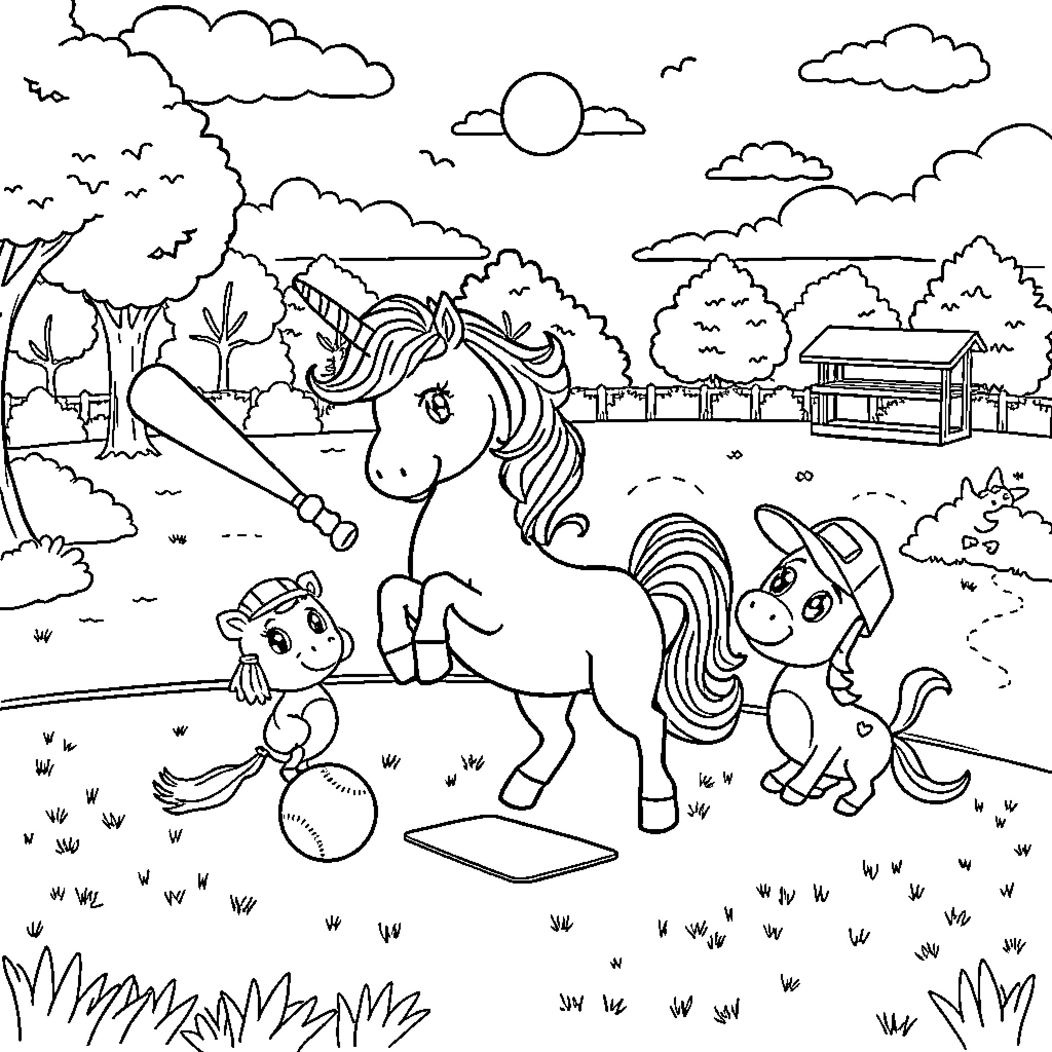 Unicorn playing joyfully with rabbits in a pastoral scene Coloring Page (free black-and-white line drawing printable PDF for all, from beginners to advanced learners, including children, teens, adults, and seniors)