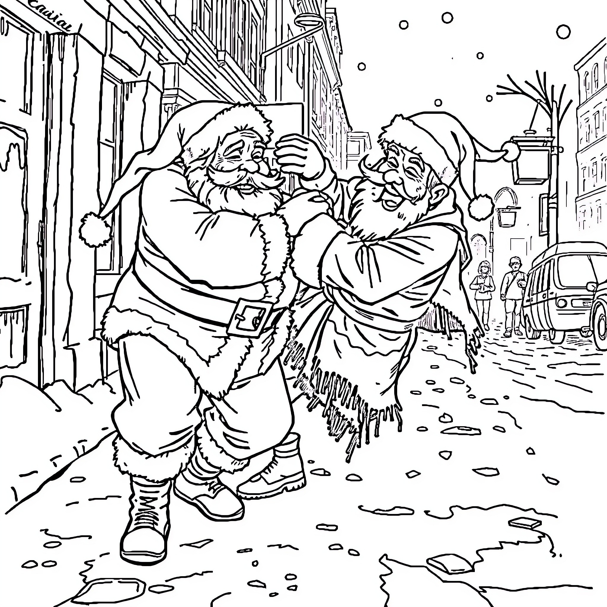 Santa Claus' Merry Gathering in the Snowy Town Coloring Page (free black-and-white line drawing printable PDF for all, from beginners to advanced learners, including children, teens, adults, and seniors)