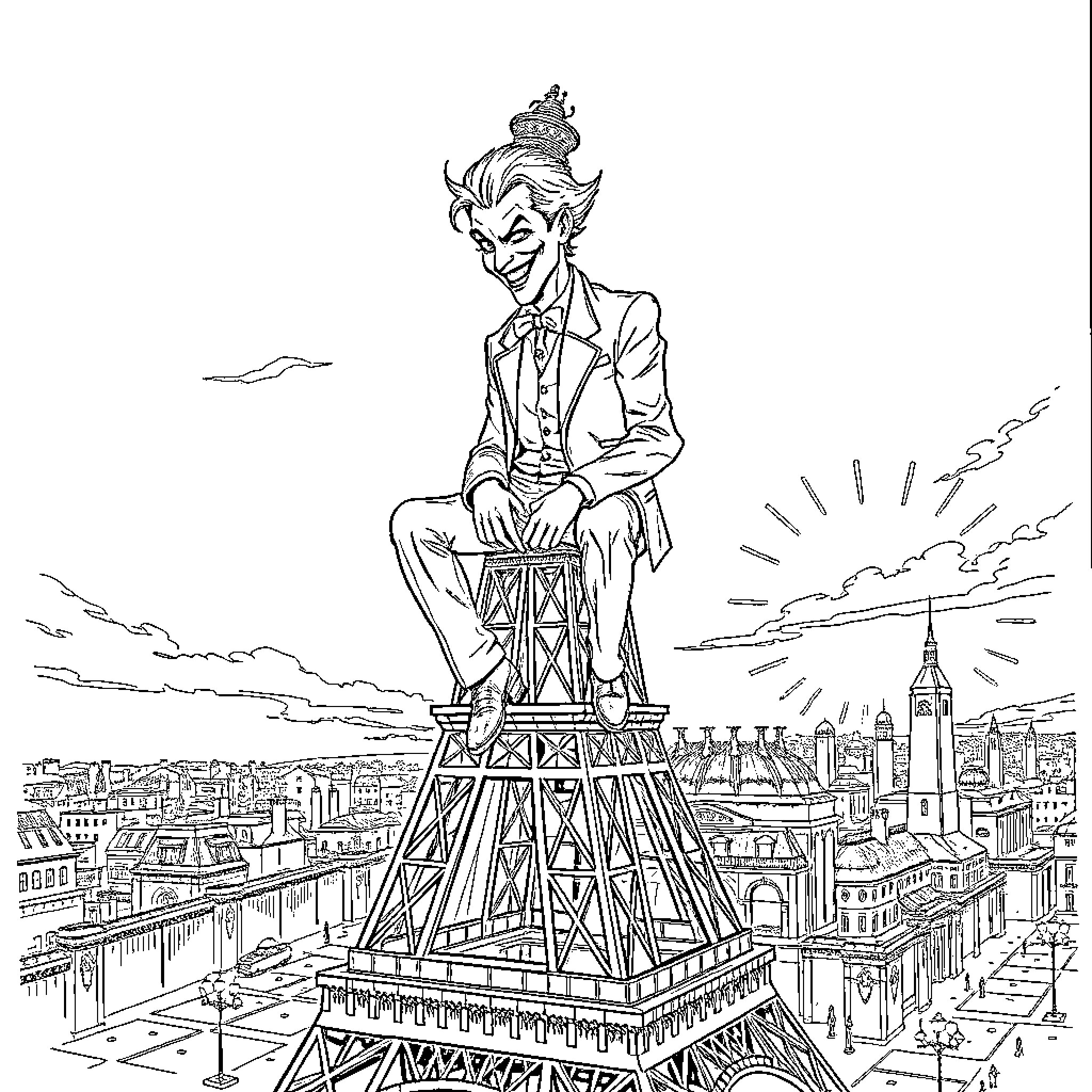 Joker seated atop a grand tower overlooking a cityscape Coloring Page (free black-and-white line drawing printable PDF for all, from beginners to advanced learners, including children, teens, adults, and seniors)