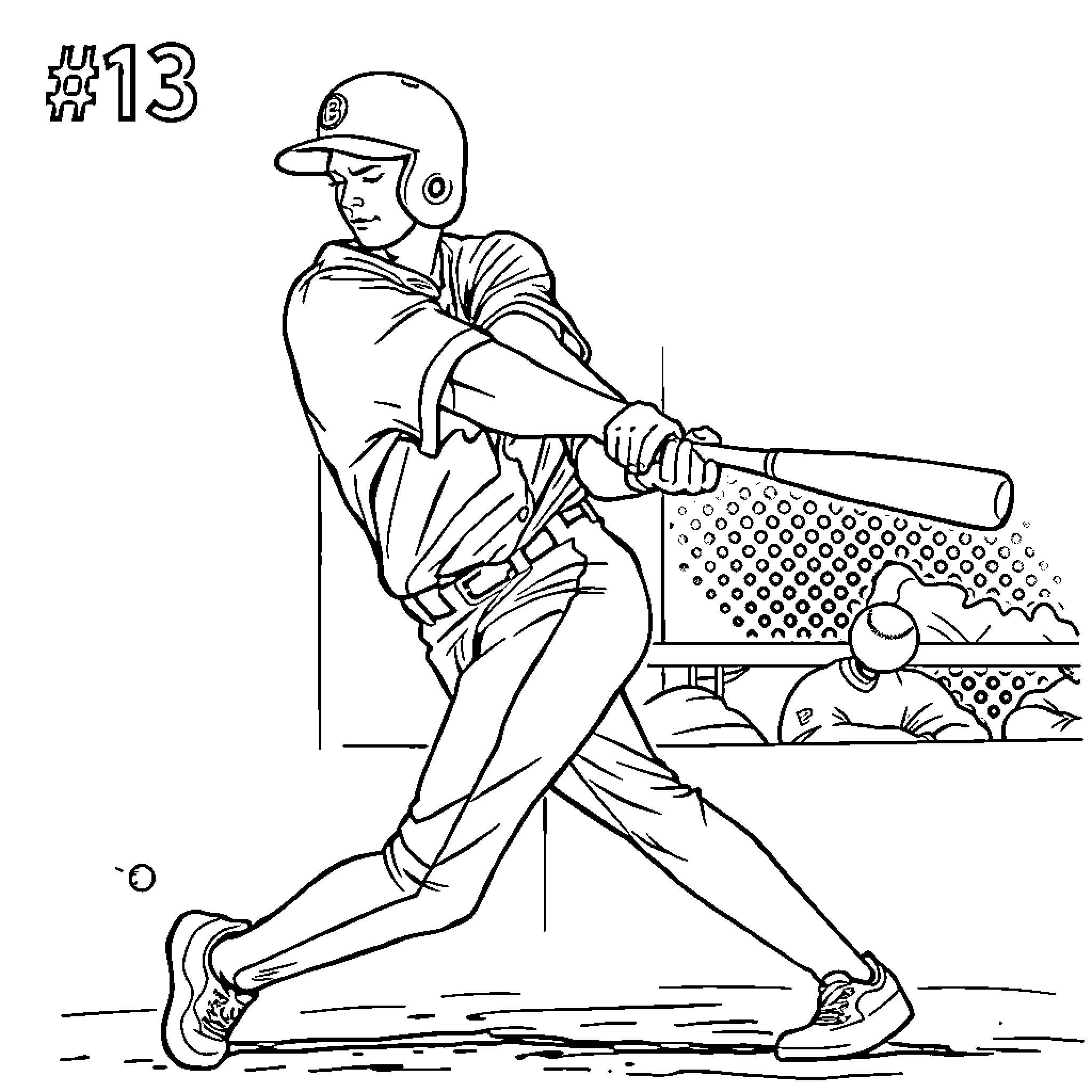 Baseball Player batting at the plate Coloring Page (free black-and-white line drawing printable PDF for all, from beginners to advanced learners, including children, teens, adults, and seniors)