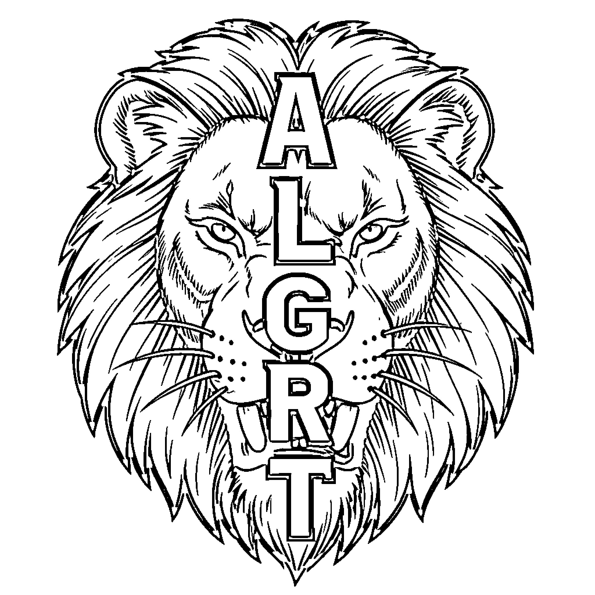 Lion with intense expression and stylized lettering Coloring Page (free black-and-white line drawing printable PDF for all, from beginners to advanced learners, including children, teens, adults, and seniors)