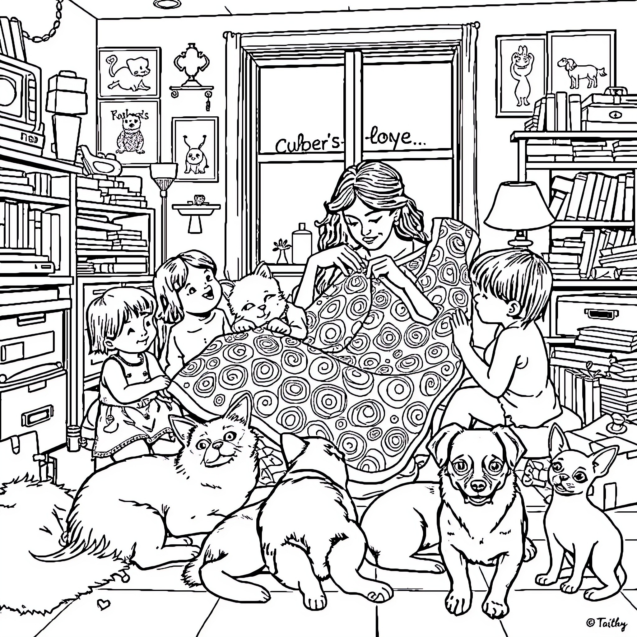 Lady reading with children and pets in cozy room Coloring Page (free black-and-white line drawing printable PDF for all, from beginners to advanced learners, including children, teens, adults, and seniors)