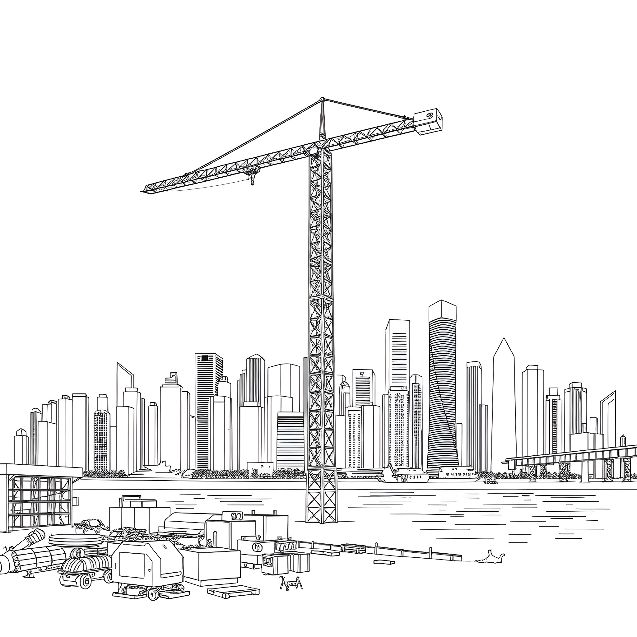 Crane towering over a cityscape Coloring Page (free black-and-white line drawing printable PDF for all, from beginners to advanced learners, including children, teens, adults, and seniors)