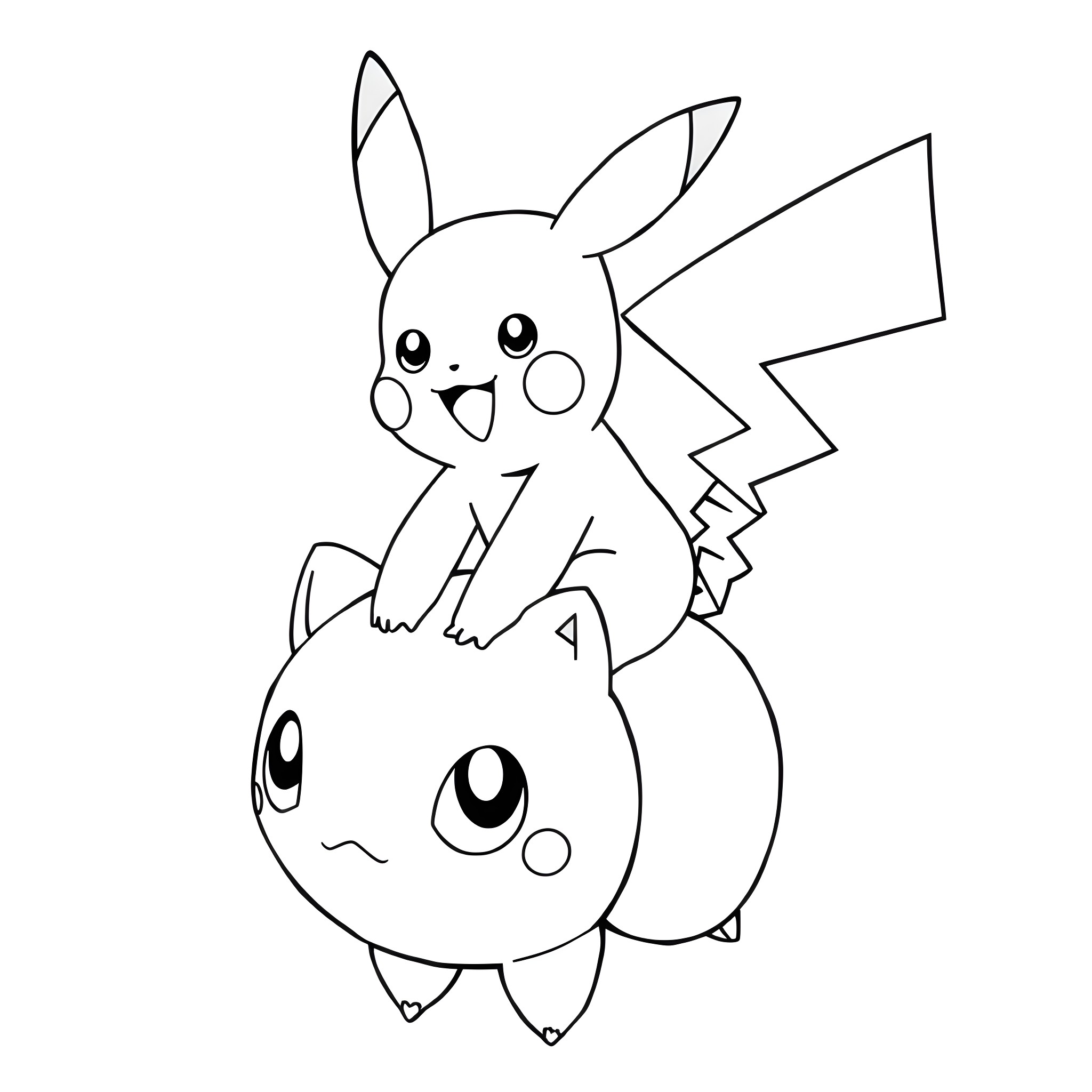 Pikachu playing with Togepi in a cute pose Coloring Page (free black-and-white line drawing printable PDF for all, from beginners to advanced learners, including children, teens, adults, and seniors)