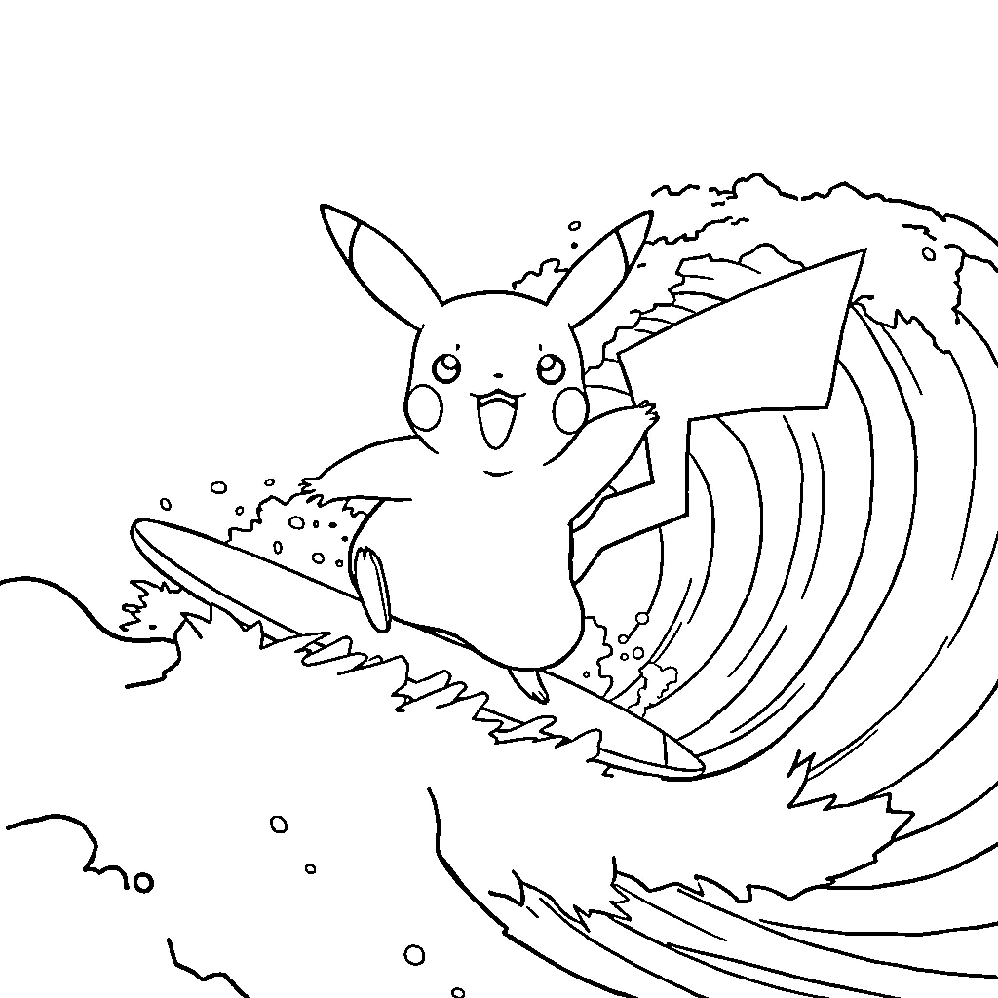 Pikachu surfing on a giant wave Coloring Page (free black-and-white line drawing printable PDF for all, from beginners to advanced learners, including children, teens, adults, and seniors)