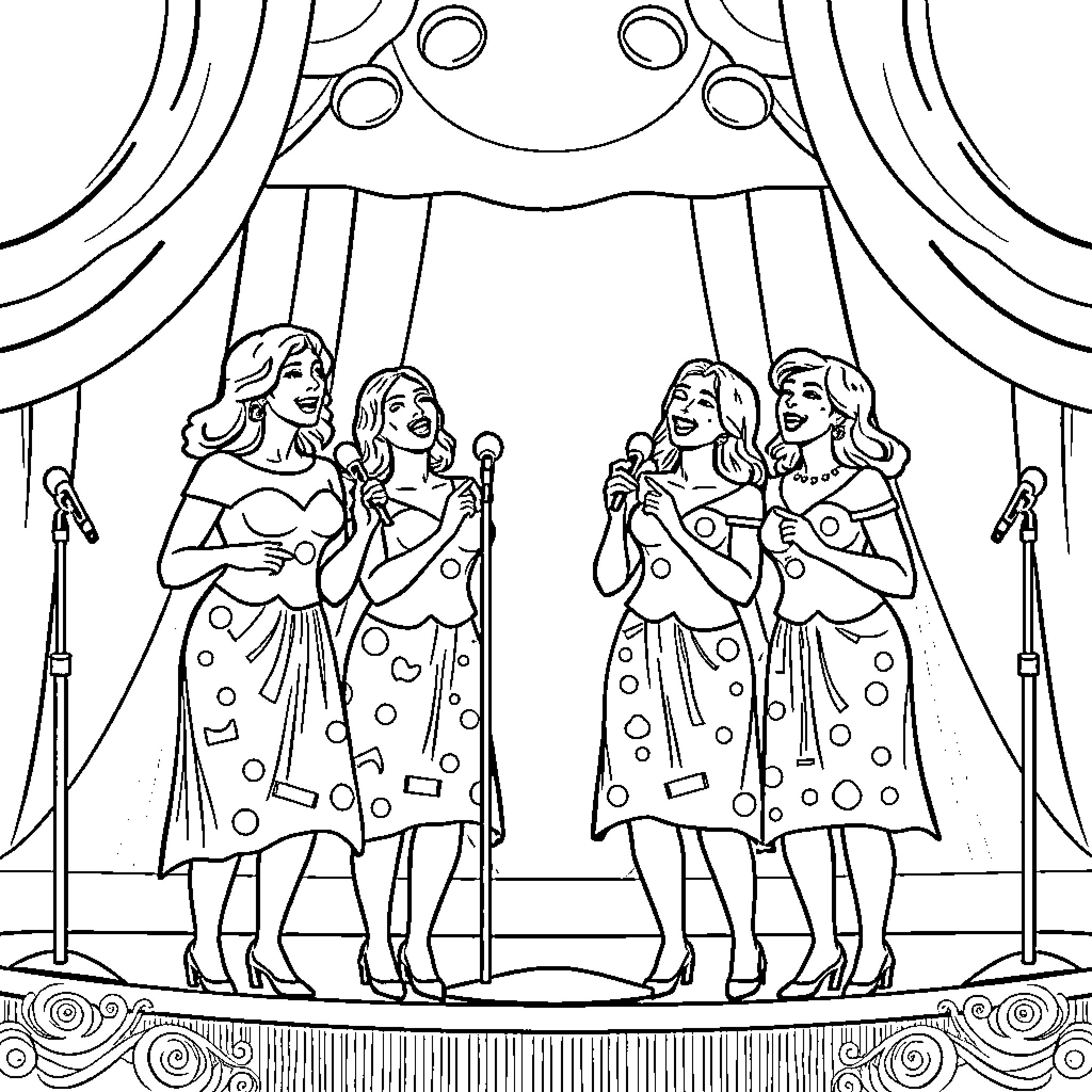 Barbershop Quartet Performing on Stage Coloring Page (free black-and-white line drawing printable PDF for all, from beginners to advanced learners, including children, teens, adults, and seniors)