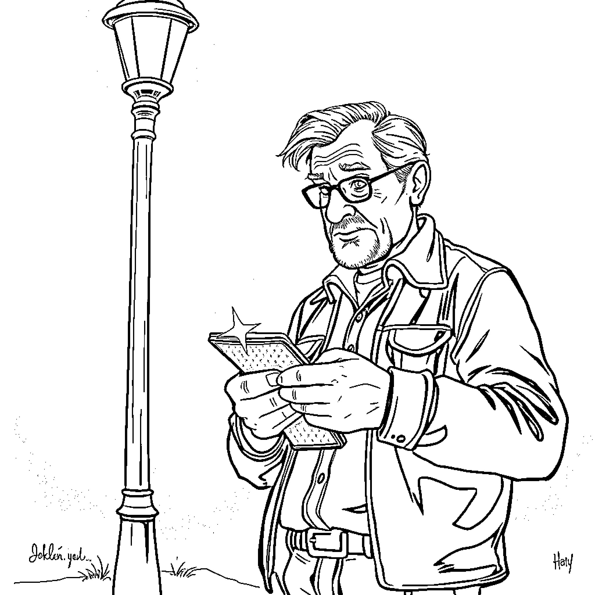 Man writing in notebook under streetlight Coloring Page (free black-and-white line drawing printable PDF for all, from beginners to advanced learners, including children, teens, adults, and seniors)