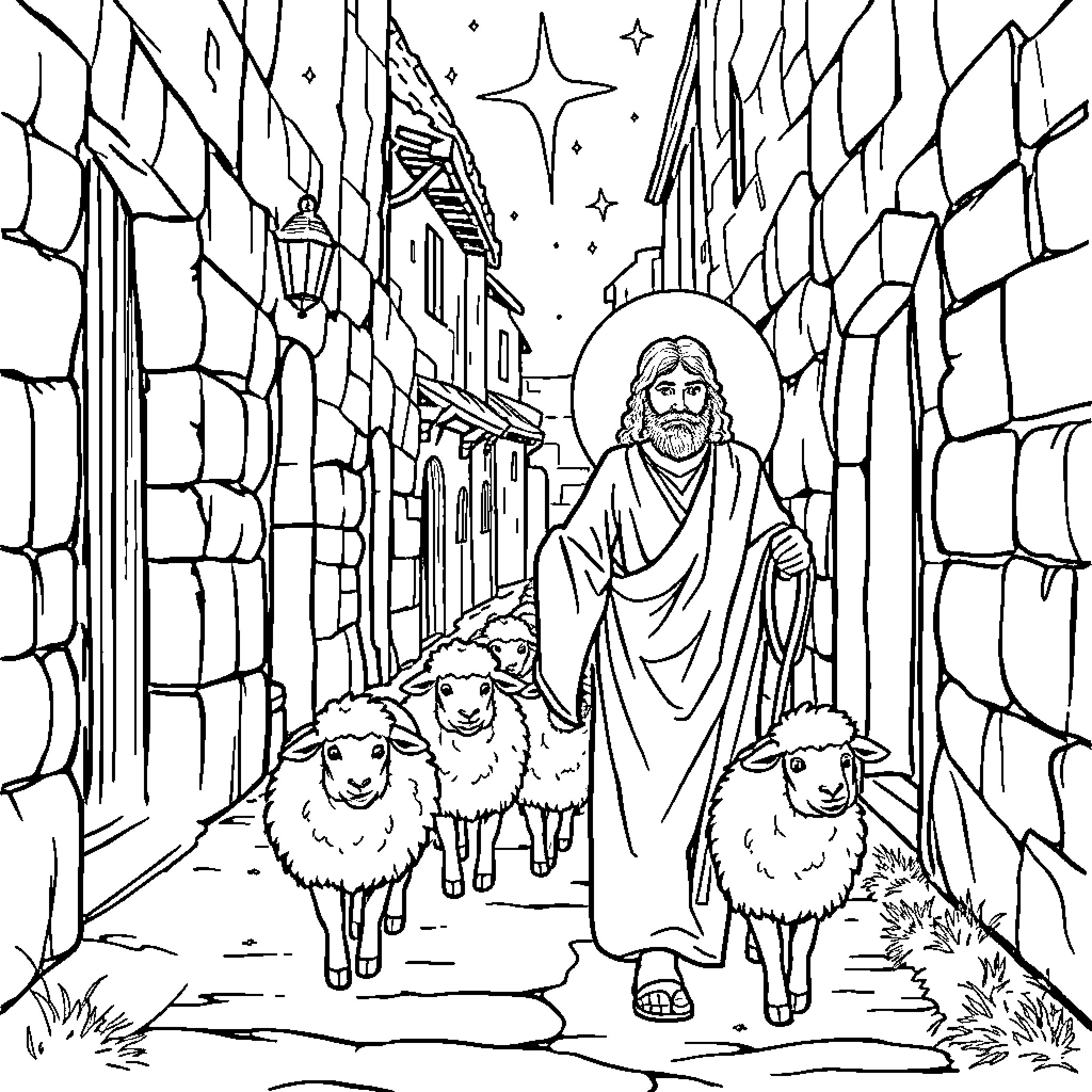 Jesus walks with sheep through a starry city street Coloring Page (free black-and-white line drawing printable PDF for all, from beginners to advanced learners, including children, teens, adults, and seniors)