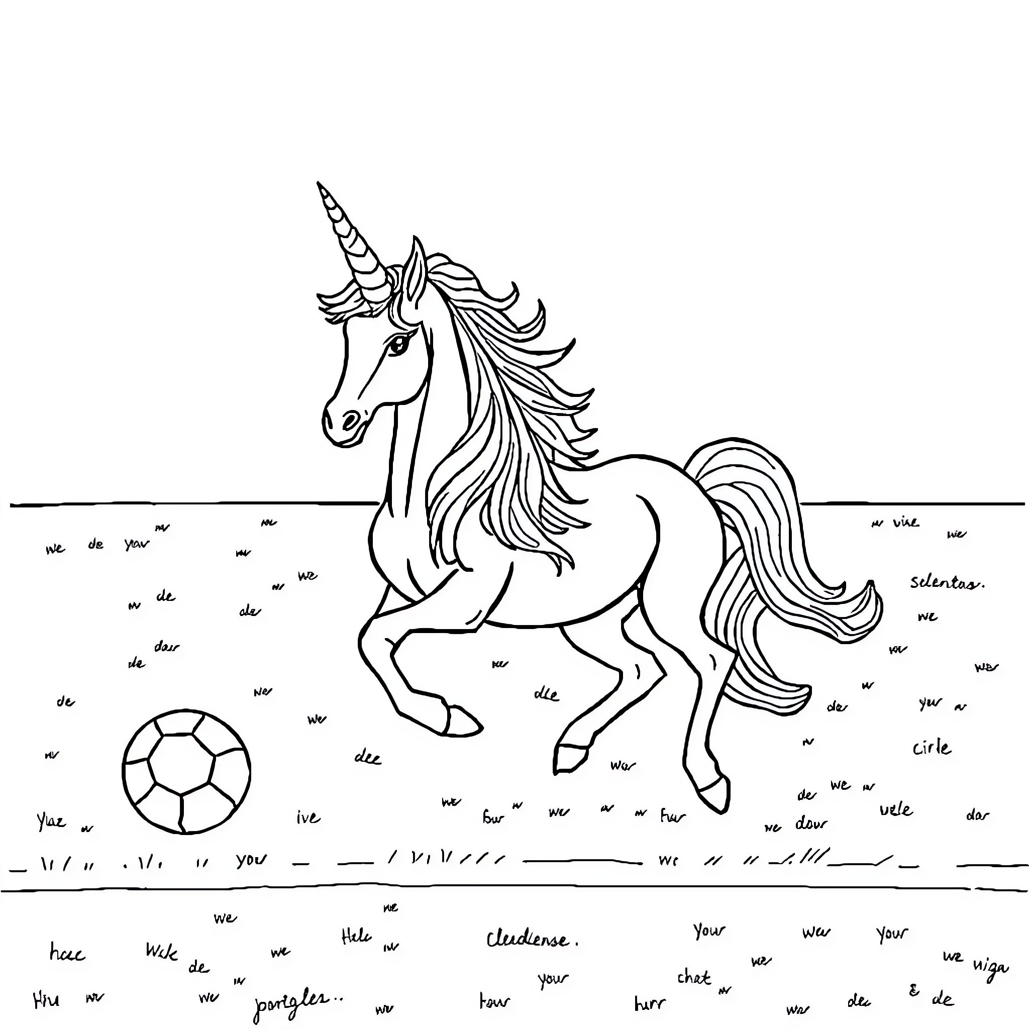 Unicorn running playfully with a ball Coloring Page (free black-and-white line drawing printable PDF for all, from beginners to advanced learners, including children, teens, adults, and seniors)
