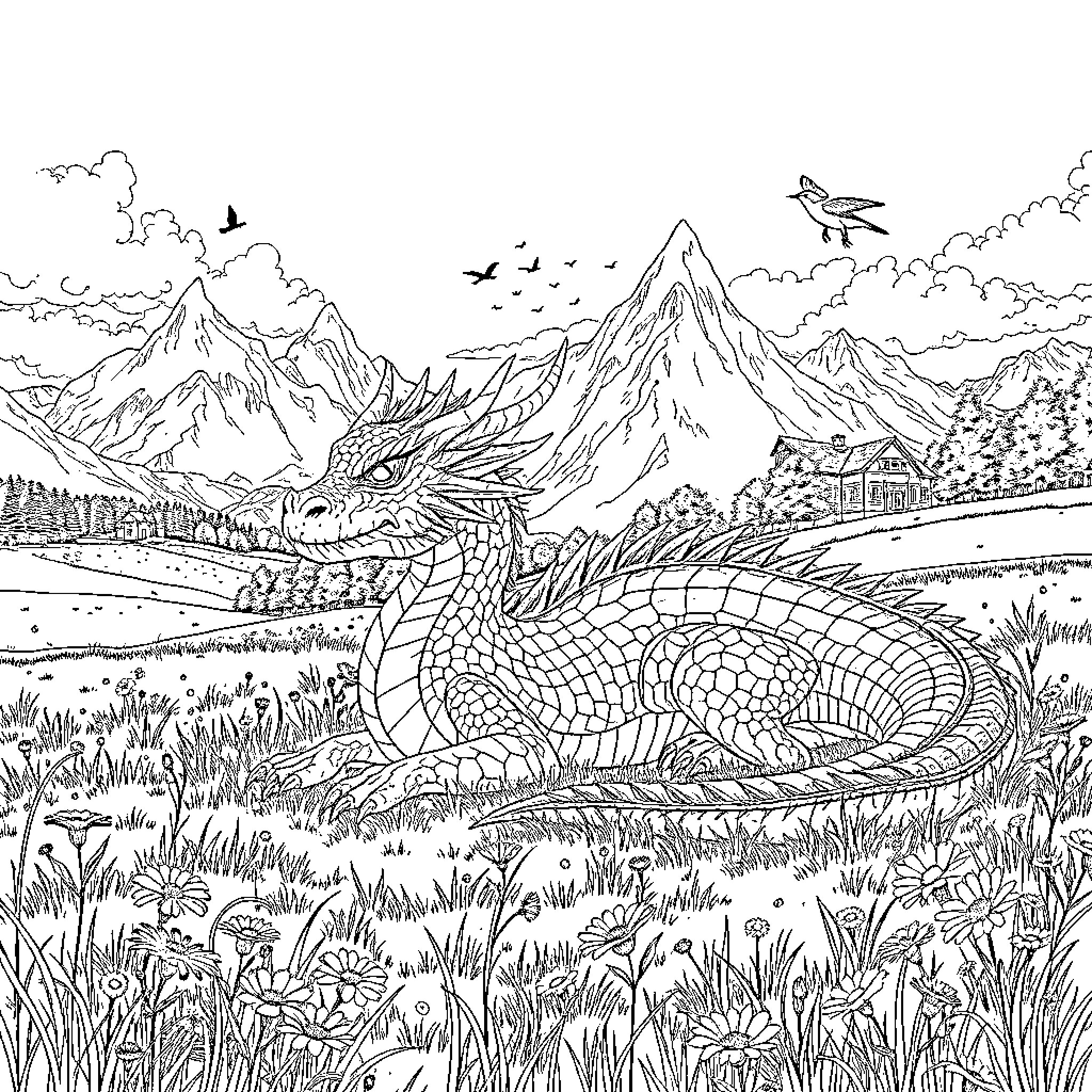 Dragon lounging peacefully in a scenic mountain landscape Coloring Page (free black-and-white line drawing printable PDF for all, from beginners to advanced learners, including children, teens, adults, and seniors)