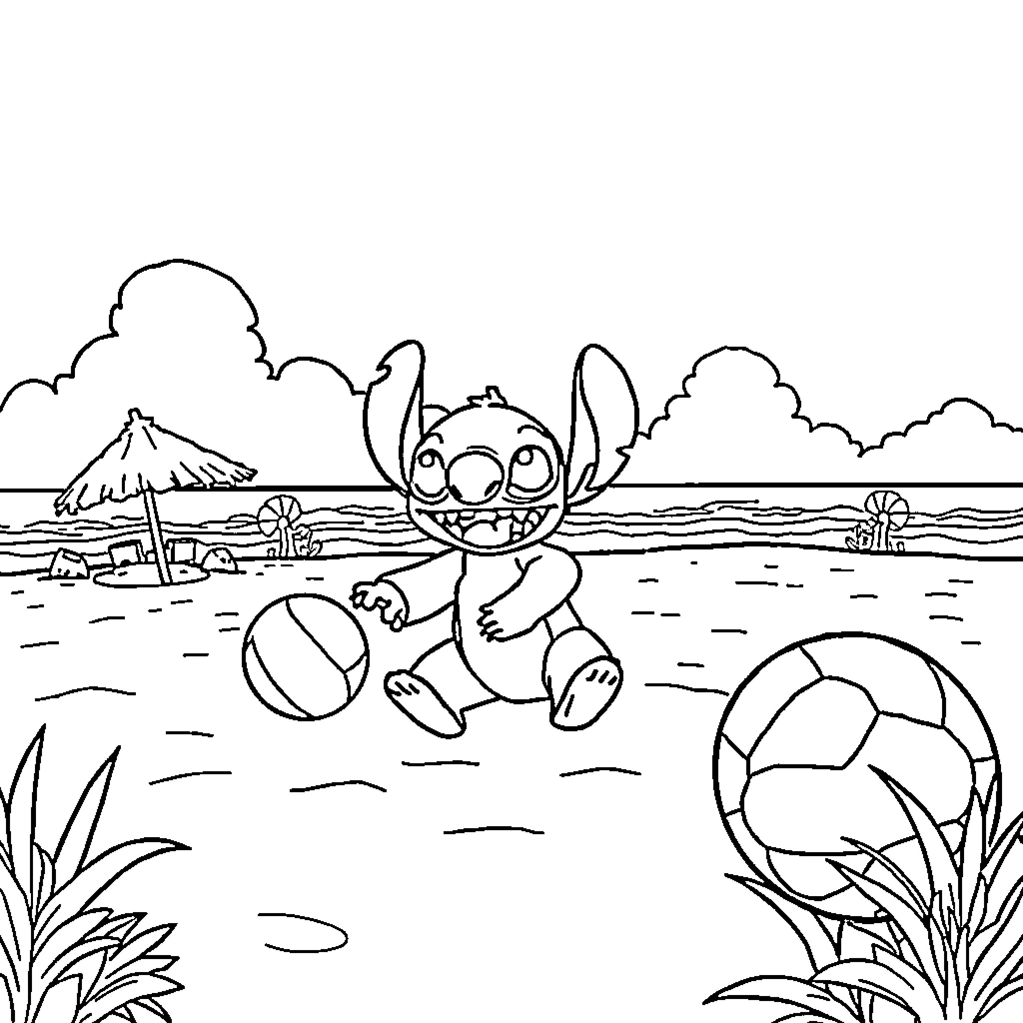 Stitch playing joyfully on the beach Coloring Page (free black-and-white line drawing printable PDF for all, from beginners to advanced learners, including children, teens, adults, and seniors)