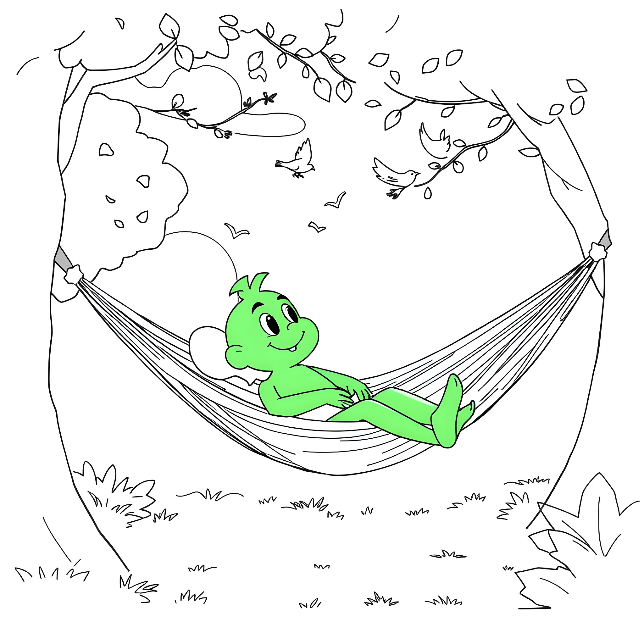 Rainbow Friend Relaxing in Hammock with Nature Coloring Page (free black-and-white line drawing printable PDF for all, from beginners to advanced learners, including children, teens, adults, and seniors)