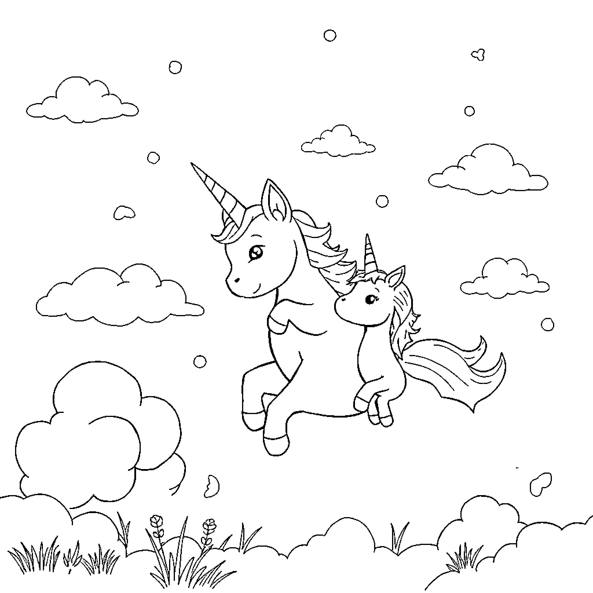 Unicorn Cats enjoying a playful adventure in the clouds Coloring Page (free black-and-white line drawing printable PDF for all, from beginners to advanced learners, including children, teens, adults, and seniors)