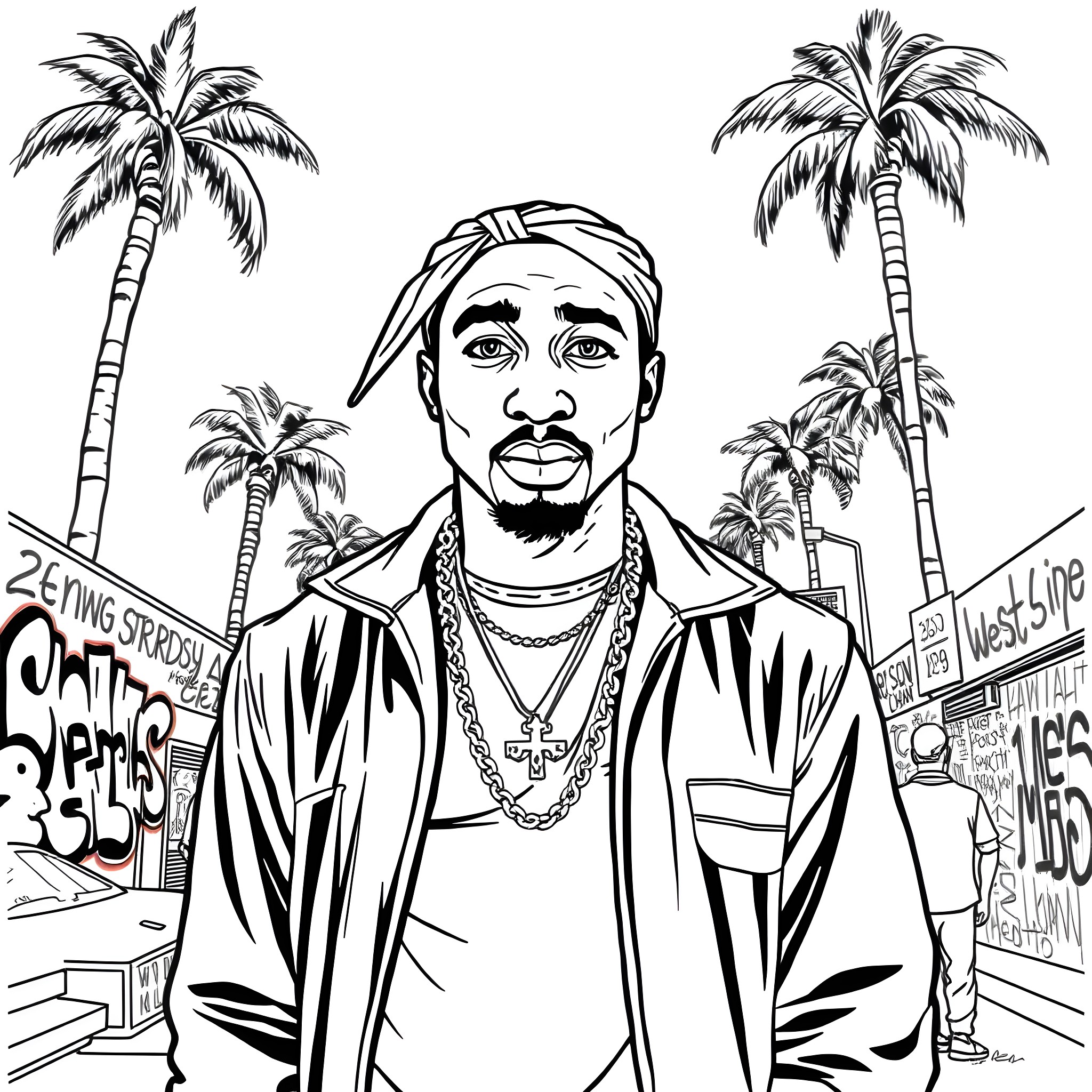 2pac in a tropical urban setting Coloring Page (free black-and-white line drawing printable PDF for all, from beginners to advanced learners, including children, teens, adults, and seniors)