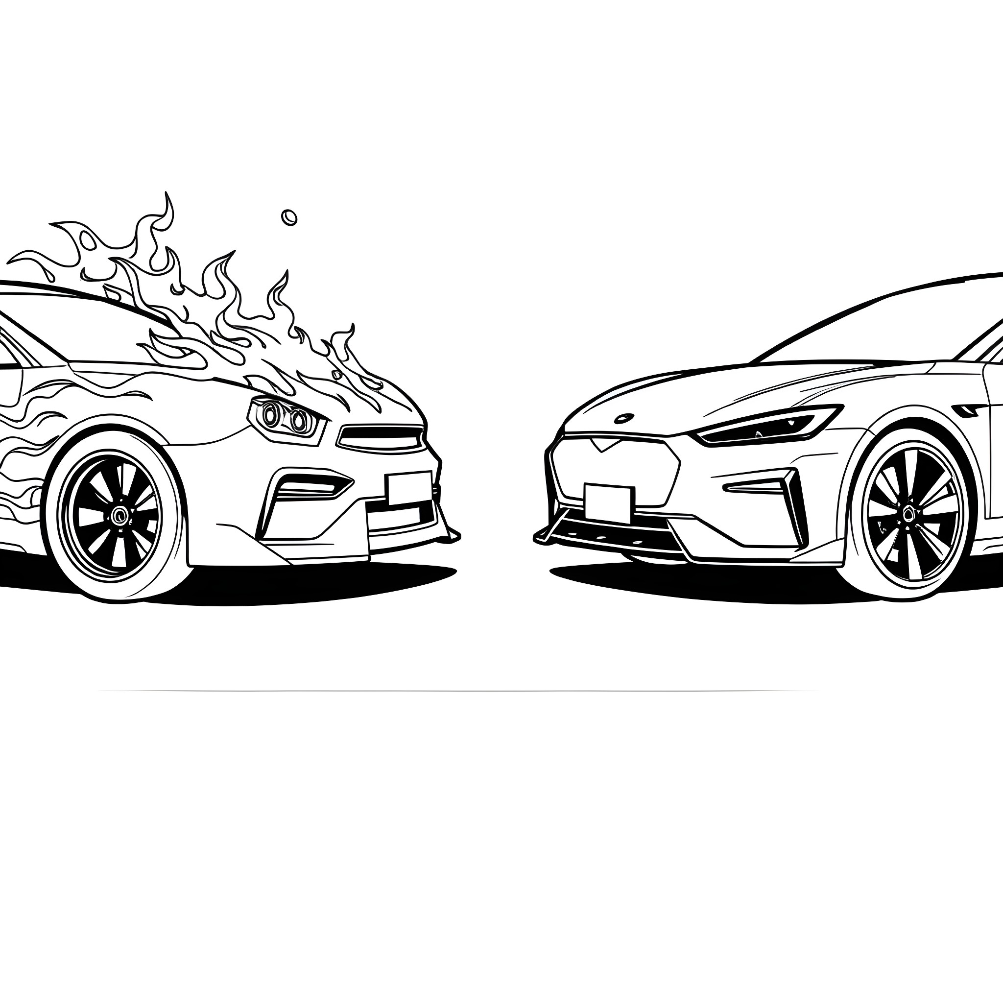 Cars speeding furiously on the road Coloring Page (free black-and-white line drawing printable PDF for all, from beginners to advanced learners, including children, teens, adults, and seniors)