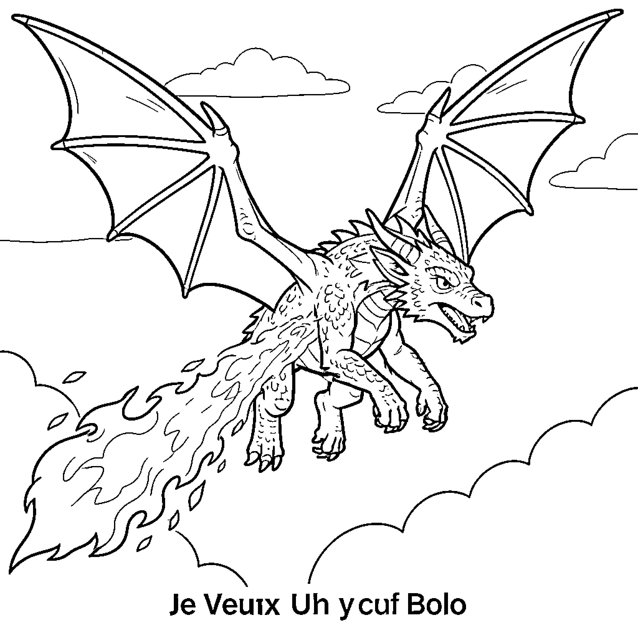 Dragon flying through the sky breathing fire Coloring Page (free black-and-white line drawing printable PDF for all, from beginners to advanced learners, including children, teens, adults, and seniors)
