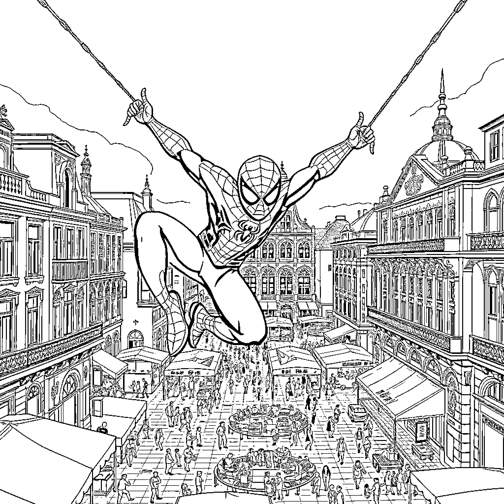 Spider-Man swinging over a bustling city Coloring Page (free black-and-white line drawing printable PDF for all, from beginners to advanced learners, including children, teens, adults, and seniors)
