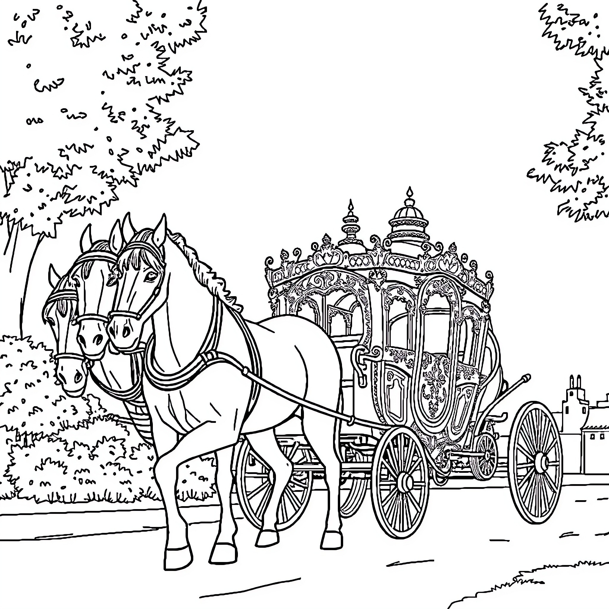 Carriage with Ornate Design and Horses Coloring Page (free black-and-white line drawing printable PDF for all, from beginners to advanced learners, including children, teens, adults, and seniors)