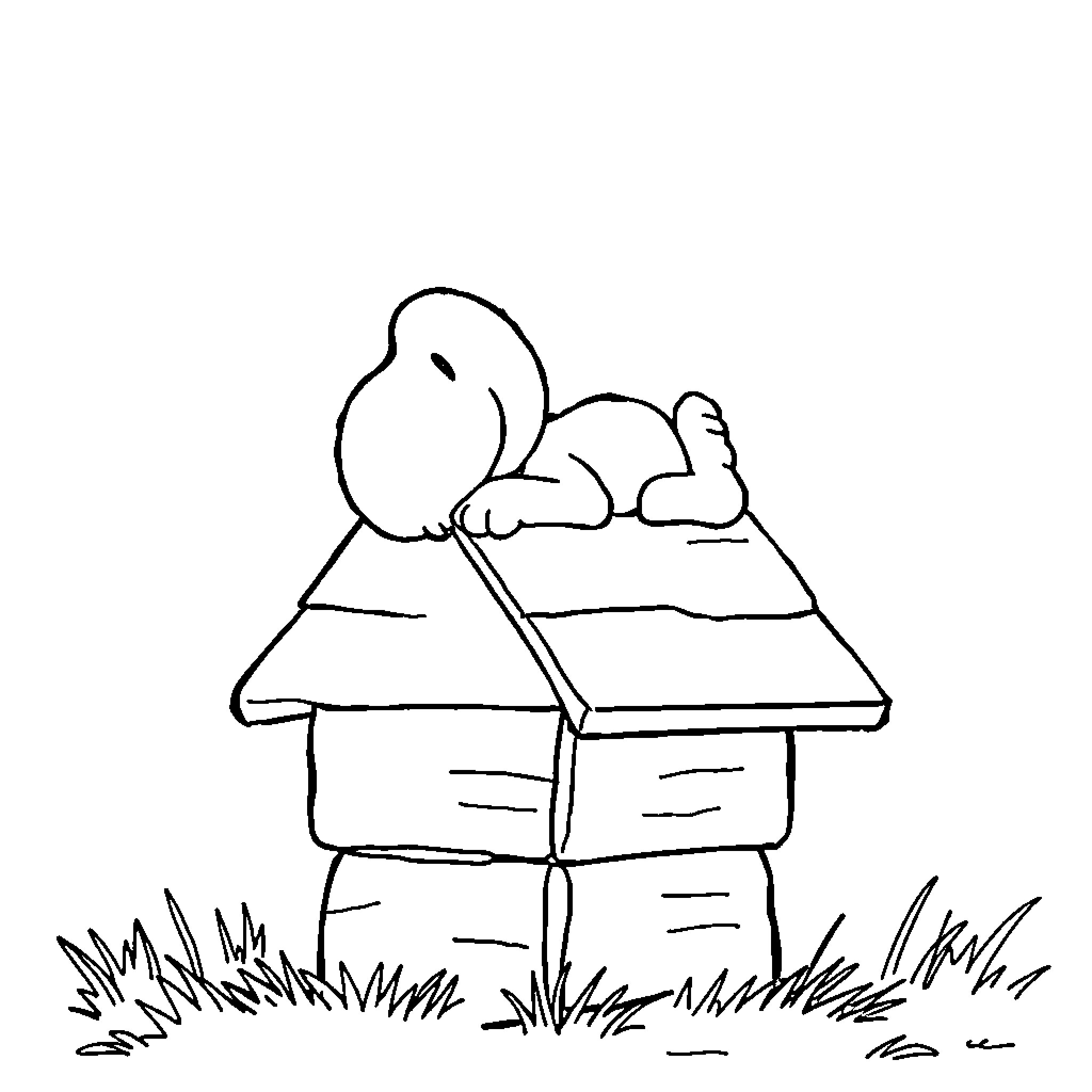 Snoopy napping peacefully in his doghouse Coloring Page (free black-and-white line drawing printable PDF for all, from beginners to advanced learners, including children, teens, adults, and seniors)