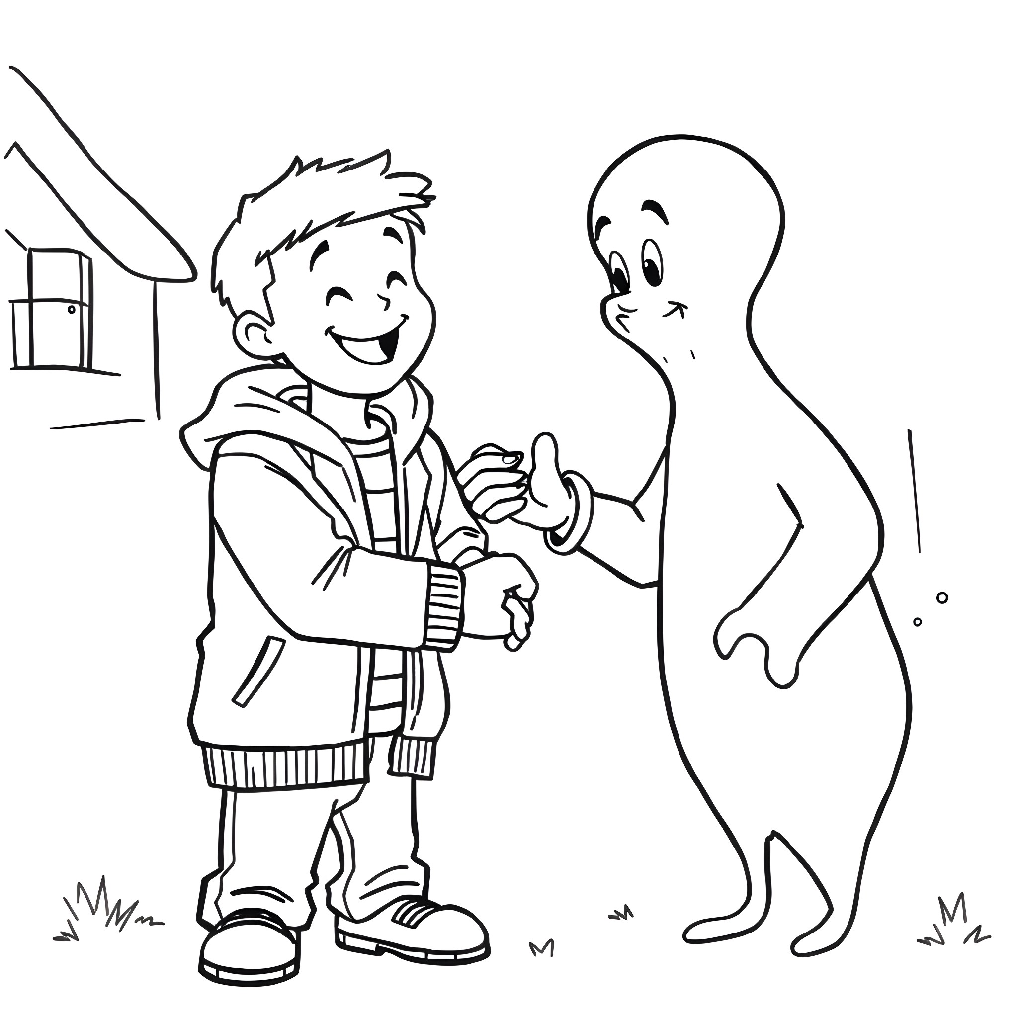 Devon Sawa interacting with a friendly ghost Coloring Page (free black-and-white line drawing printable PDF for all, from beginners to advanced learners, including children, teens, adults, and seniors)