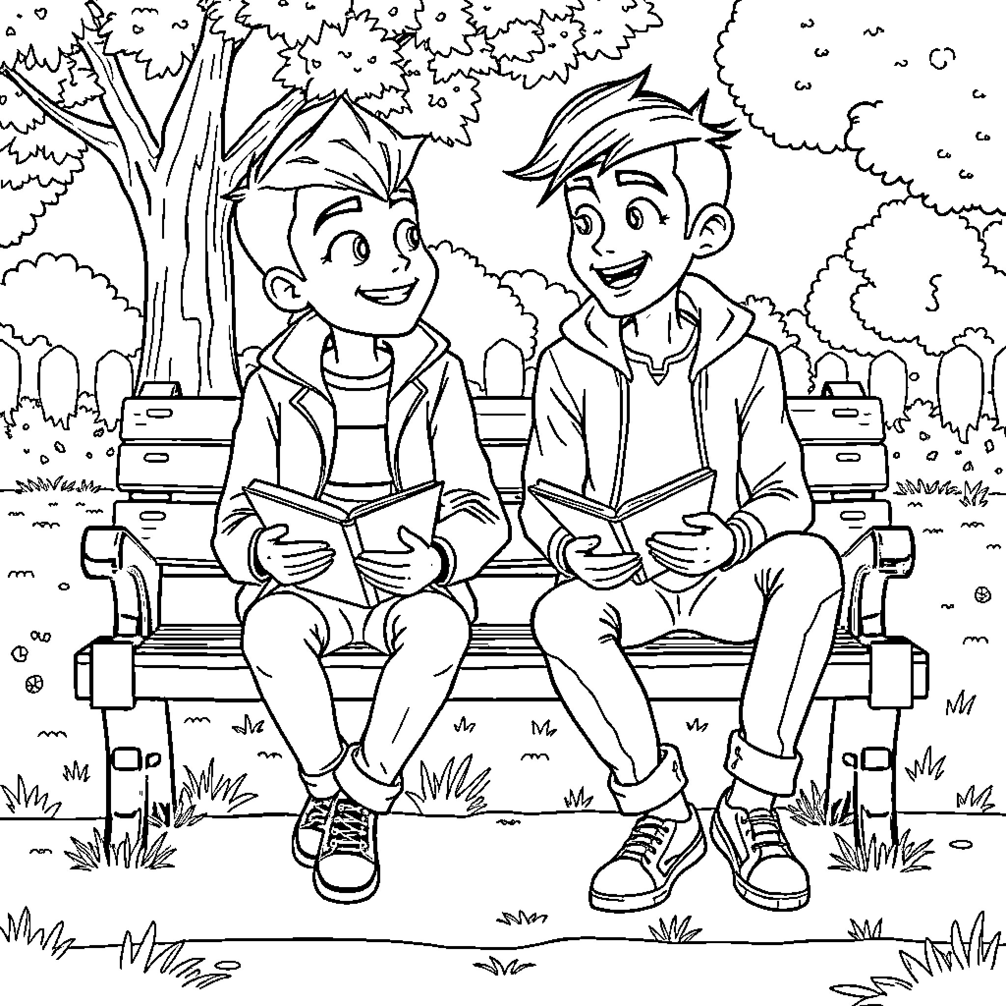Ben 10 Friends Sitting on a Bench Coloring Page (free black-and-white line drawing printable PDF for all, from beginners to advanced learners, including children, teens, adults, and seniors)